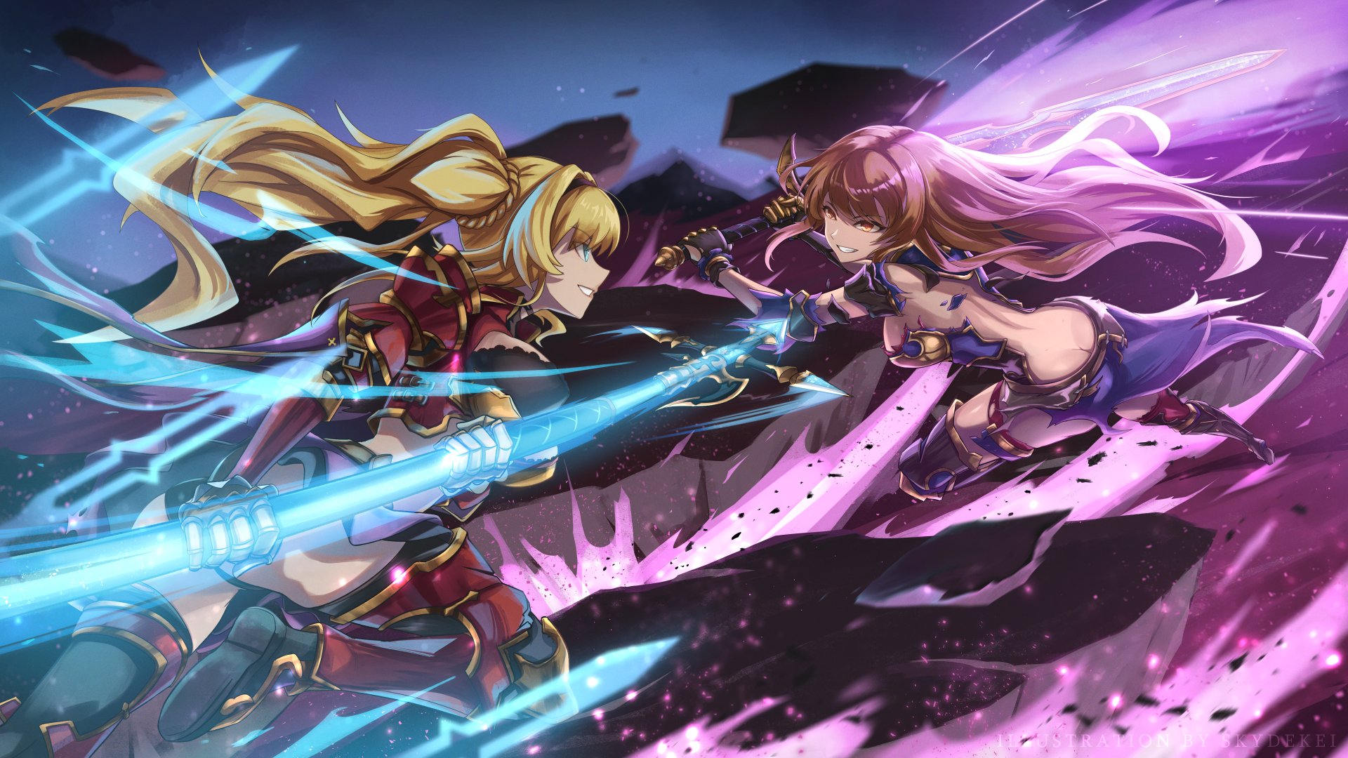 skyde kei, beatrix (granblue fantasy), zeta (granblue fantasy), granblue fantasy, commentary, english commentary, highres, 2girls, armor, battle, bikini, blonde hair, blue armor, blue eyes, breasts, brown eyes, brown hair, cleavage, long hair, multiple girls, polearm, ponytail, red armor, red bikini, spear, swimsuit, twintails, twintails with braided base, weapon