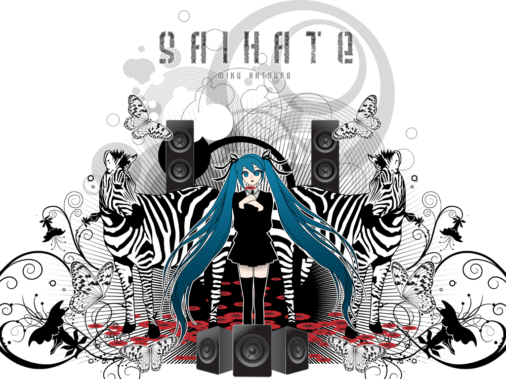 shinobu (artist), hatsune miku, hatsune miku (saihate), saihate (vocaloid), vocaloid, 1girl, aqua eyes, aqua hair, bug, butterfly, female focus, flower, formal clothes, hair ribbon, insect, long hair, necktie, partially colored, ribbon, skirt, solo, speaker, suit, thighhighs, twintails, very long hair, zebra, zettai ryouiki