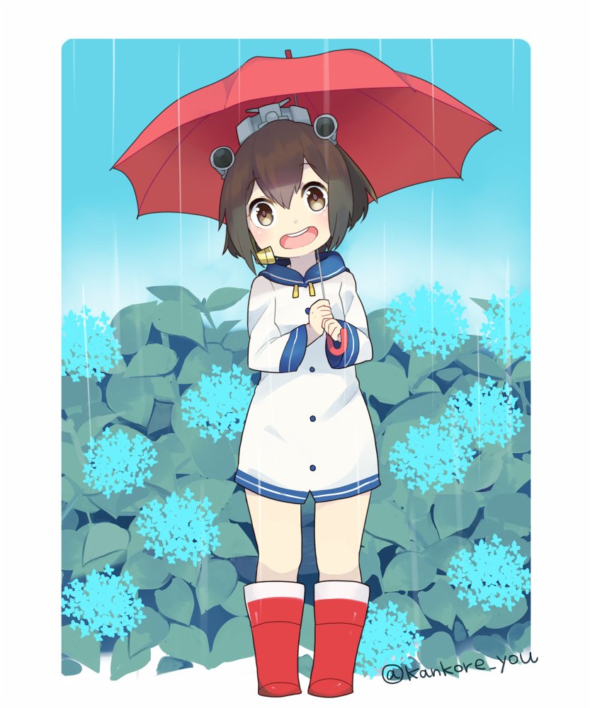 ohagi (iihatobu05), yukikaze (kancolle), kantai collection, commentary request, 1girl, blue flower, blush, boots, brown eyes, brown hair, coat dress, dress, flower, headgear, holding, holding umbrella, hood, hood down, hooded dress, hydrangea, leaf, long sleeves, looking at viewer, open mouth, rain, red boots, rubber boots, short hair, solo, standing, teeth, twitter username, umbrella, upper teeth only, white dress