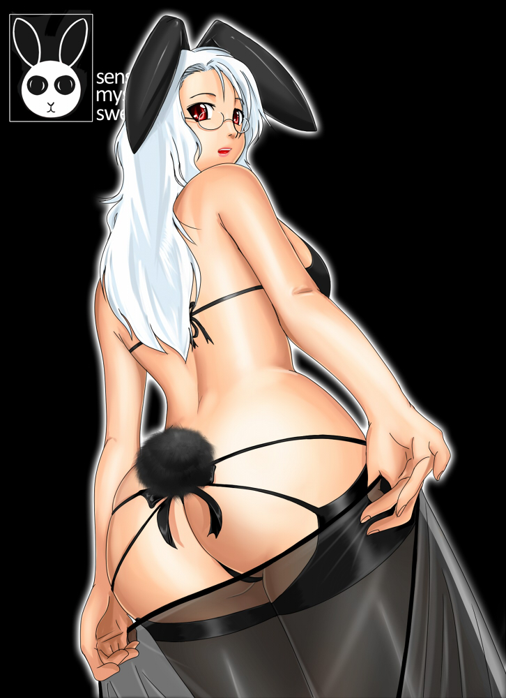 judge martin, original, 1girl, animal ears, ass, back, black background, female focus, g-string, garter belt, glasses, long hair, looking back, panties, rabbit ears, rabbit tail, see-through clothes, solo, tail, thighhighs, thong, underwear, white hair