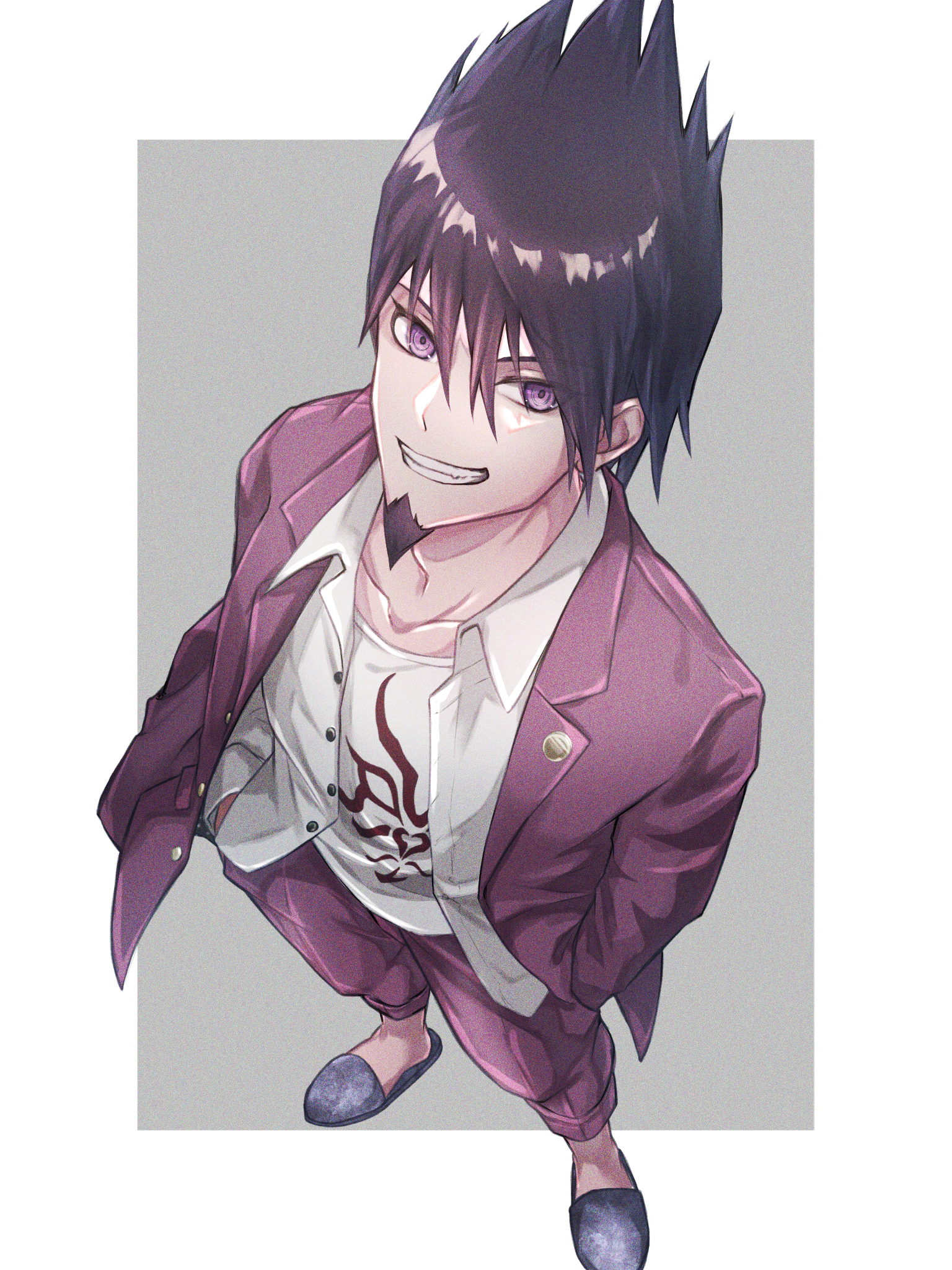 akane (a reddam), momota kaito, danganronpa (series), danganronpa v3: killing harmony, commentary request, highres, 1boy, collarbone, collared jacket, facial hair, from above, goatee, grey background, grin, hair between eyes, hands in pockets, jacket, long sleeves, looking at viewer, male focus, open clothes, pants, purple eyes, purple facial hair, purple hair, shirt, short hair, simple background, slippers, smile, solo, spiked hair, standing, teeth, white background, white shirt