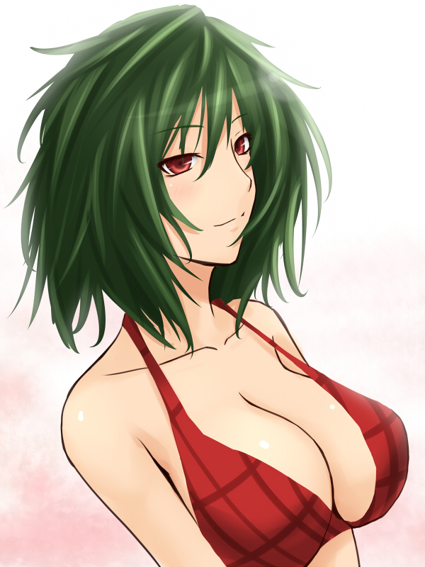 akitsuki karasu, kazami yuuka, touhou, 1girl, bikini, breasts, cleavage, female focus, green hair, large breasts, plaid bikini, plaid clothes, red bikini, red eyes, short hair, smile, solo, swimsuit, upper body