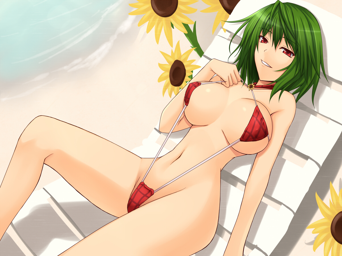 akitsuki karasu, kazami yuuka, touhou, 1girl, beach, bikini, breasts, breasts apart, chair, curvy, day, female focus, flower, green hair, large breasts, lounge chair, lying, navel, outdoors, reclining, red bikini, red eyes, short hair, slingshot swimsuit, smile, solo, string bikini, sunflower, swimsuit, water, wide hips