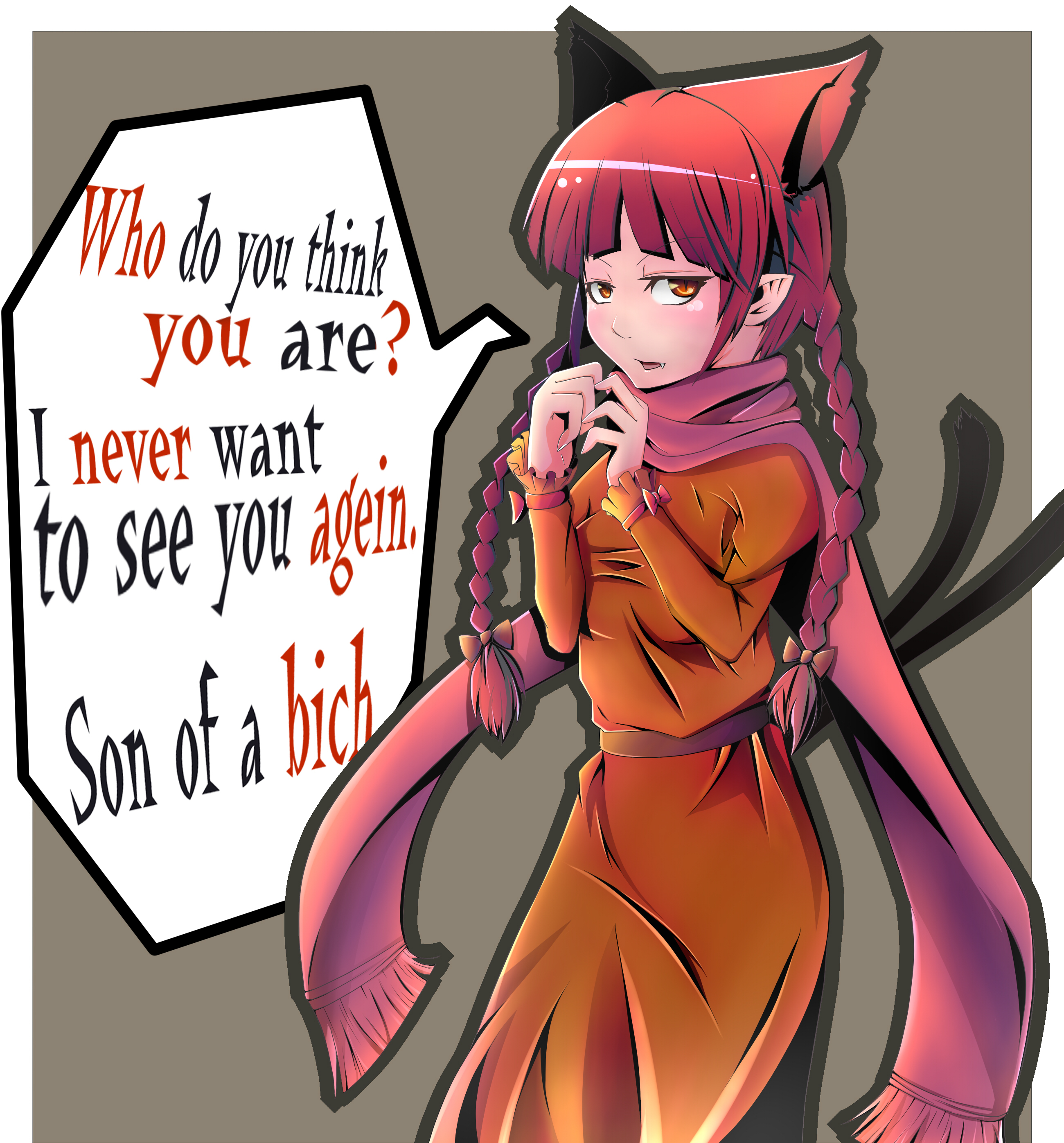 sakurai energy, kaenbyou rin, touhou, absurdres, bad id, bad pixiv id, highres, 1girl, animal ears, artistic error, blush, braid, cat ears, cat girl, cat tail, english text, engrish text, fang, female focus, hair ribbon, profanity, ranguage, red eyes, red hair, rejection, ribbon, short hair, solo, tail, tsundere, twin braids, twintails, typo