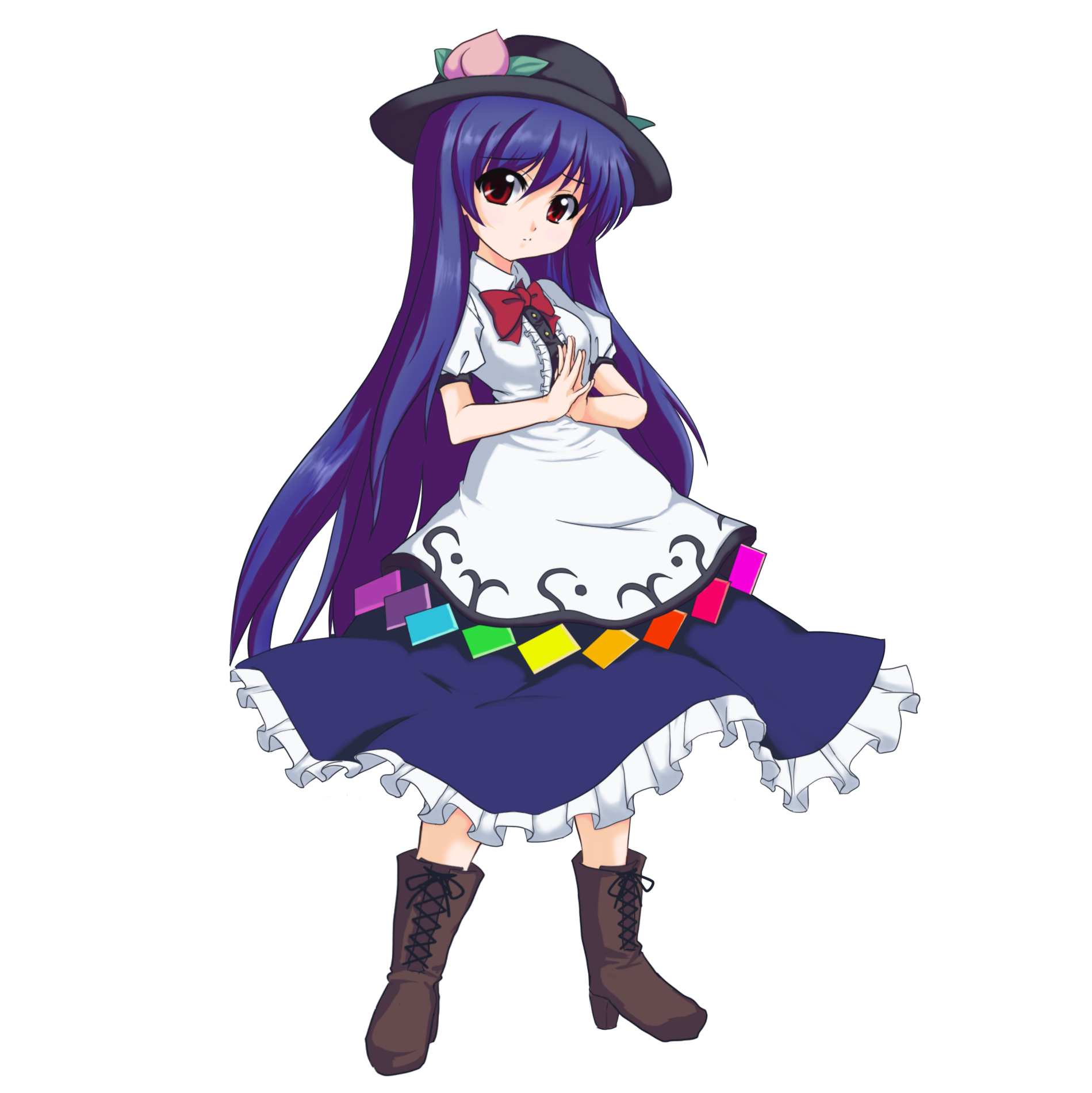 nigamon, hinanawi tenshi, touhou, highres, 1girl, blonde hair, blouse, blue hair, boots, female focus, food, fruit, hat, high heels, long hair, own hands clasped, own hands together, peach, red eyes, ribbon, shirt, shoes, skirt, solo