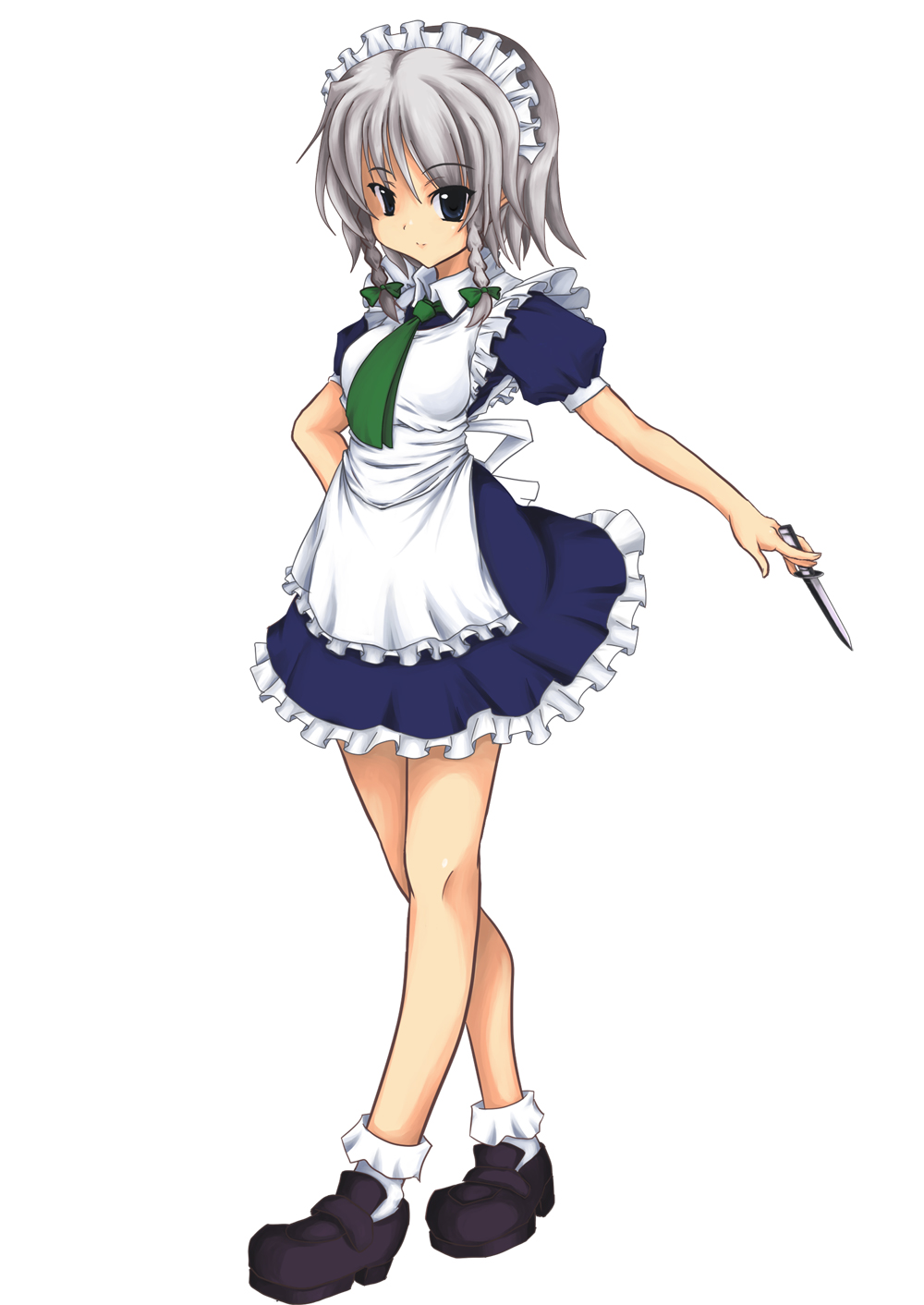 nigamon, izayoi sakuya, touhou, silver hair, highres, 1girl, blue eyes, braid, female focus, full body, knife, maid, short hair, simple background, solo, throwing knife, twin braids, weapon, white background