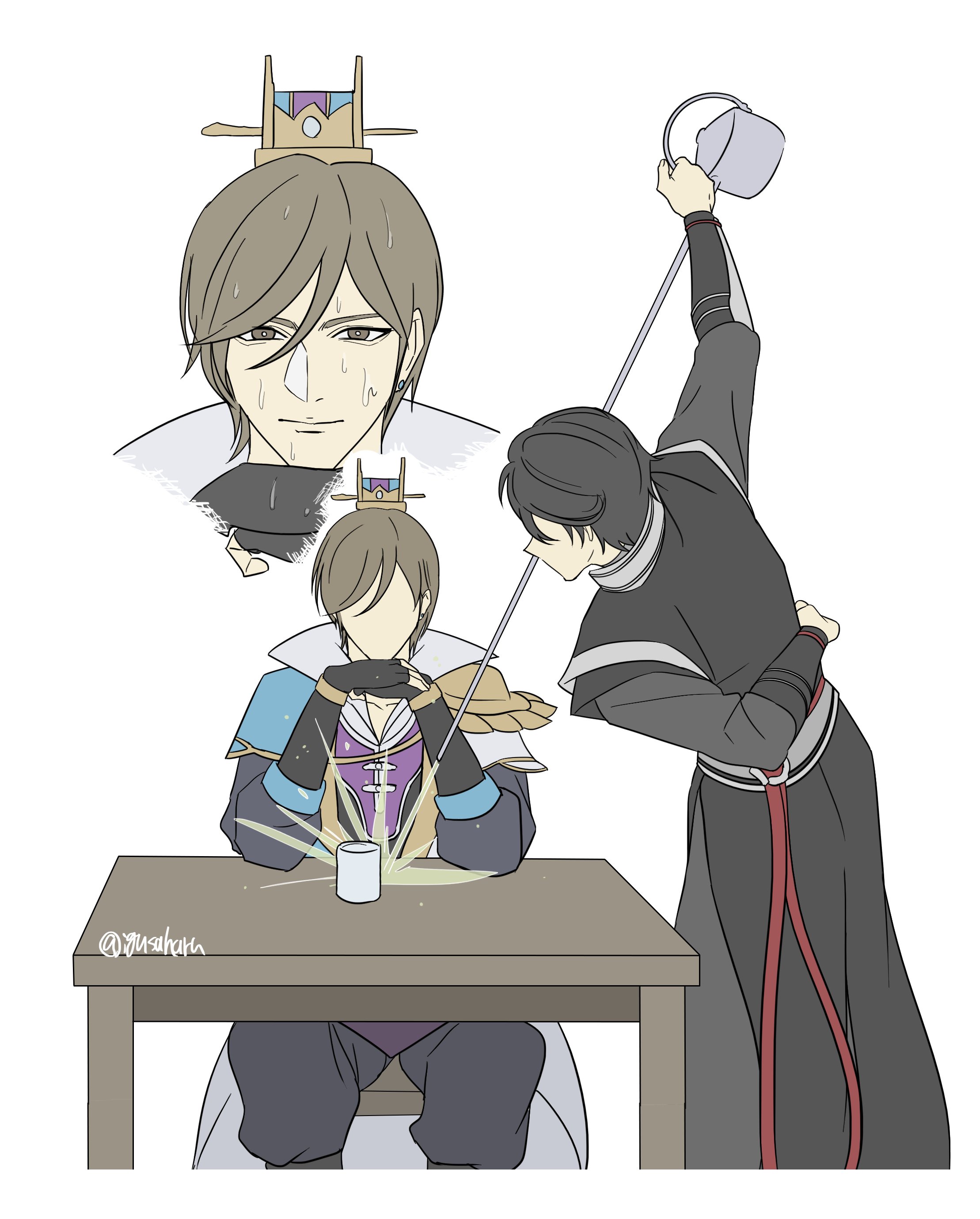 igusaharu, guo jia (shin sangoku musou), ziluan (shin sangoku musou), shin sangoku musou, shin sangoku musou origins, absurdres, highres, 2boys, arm behind back, black coat, black gloves, black hair, black pantyhose, brown eyes, brown hair, chinese hairpin, coat, fingerless gloves, gloves, hair between eyes, hair over eyes, male focus, multiple boys, own hands together, pantyhose, popped collar, pouring, short hair, single shoulder pad, sitting, spilling, twitter username, wet, wet hair, white background