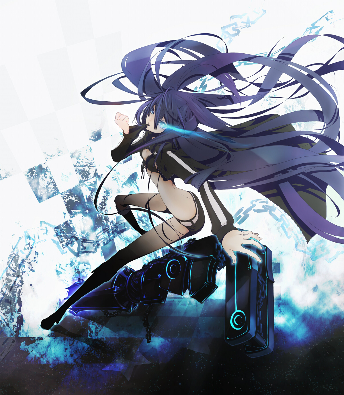 plastick, black rock shooter (character), black rock shooter, highres, 10s, 1girl, arm cannon, female focus, glowing, glowing eyes, legs, long hair, shorts, solo, very long hair, weapon
