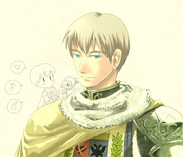 knight (ragnarok online), peco peco, ragnarok online, commentary request, lowres, 1boy, armor, blue eyes, cape, closed mouth, dated commentary, emblem, grey background, grey hair, heart, looking at viewer, male focus, musical note, oomojiya, pauldrons, short hair, shoulder armor, simple background, smile, solo, spoken heart, spoken musical note, upper body, yellow cape