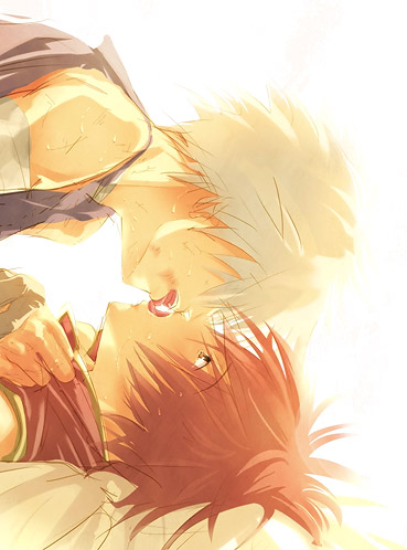 assassin (ragnarok online), wizard (ragnarok online), ragnarok online, commentary request, lowres, 2boys, blush, dated commentary, kiss, lying, male focus, multiple boys, on back, oomojiya, purple shirt, red hair, red shirt, shirt, short hair, simple background, white background, white hair, yaoi