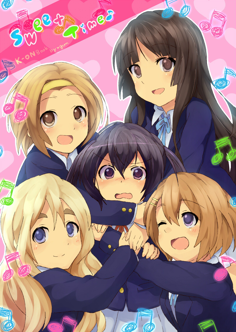 gum (vivid garden), akiyama mio, hirasawa yui, kotobuki tsumugi, nakano azusa, tainaka ritsu, k-on!, eyebrows, bad id, bad pixiv id, 00s, 5girls, black hair, blonde hair, blunt bangs, blush, brown eyes, brown hair, glomp, hairband, hime cut, ho-kago tea time, hug, long hair, multiple girls, school uniform, short hair, twintails