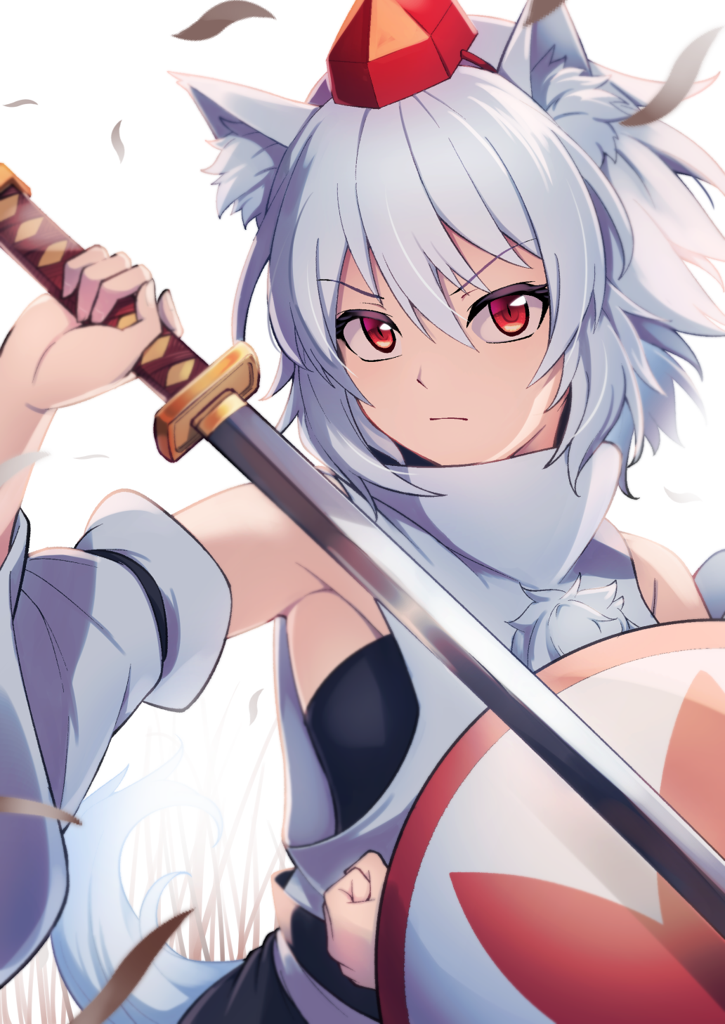 ashiroku (miracle hinacle), inubashiri momiji, touhou, commentary, highres, 1girl, animal ear fluff, animal ears, backlighting, closed mouth, detached sleeves, frown, hat, holding, holding shield, holding sword, holding weapon, katana, looking at viewer, pom pom (clothes), red eyes, red hat, shield, shirt, short hair, sleeveless, sleeveless shirt, solo, sword, tail, tokin hat, turtleneck, turtleneck shirt, weapon, white hair, white shirt, white sleeves, wind, wolf ears, wolf girl, wolf tail