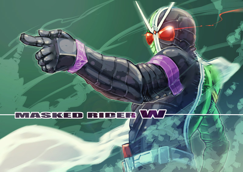 is ii, kamen rider double, kamen rider, kamen rider w, antennae, male focus, pointing, scarf, smoke, solo