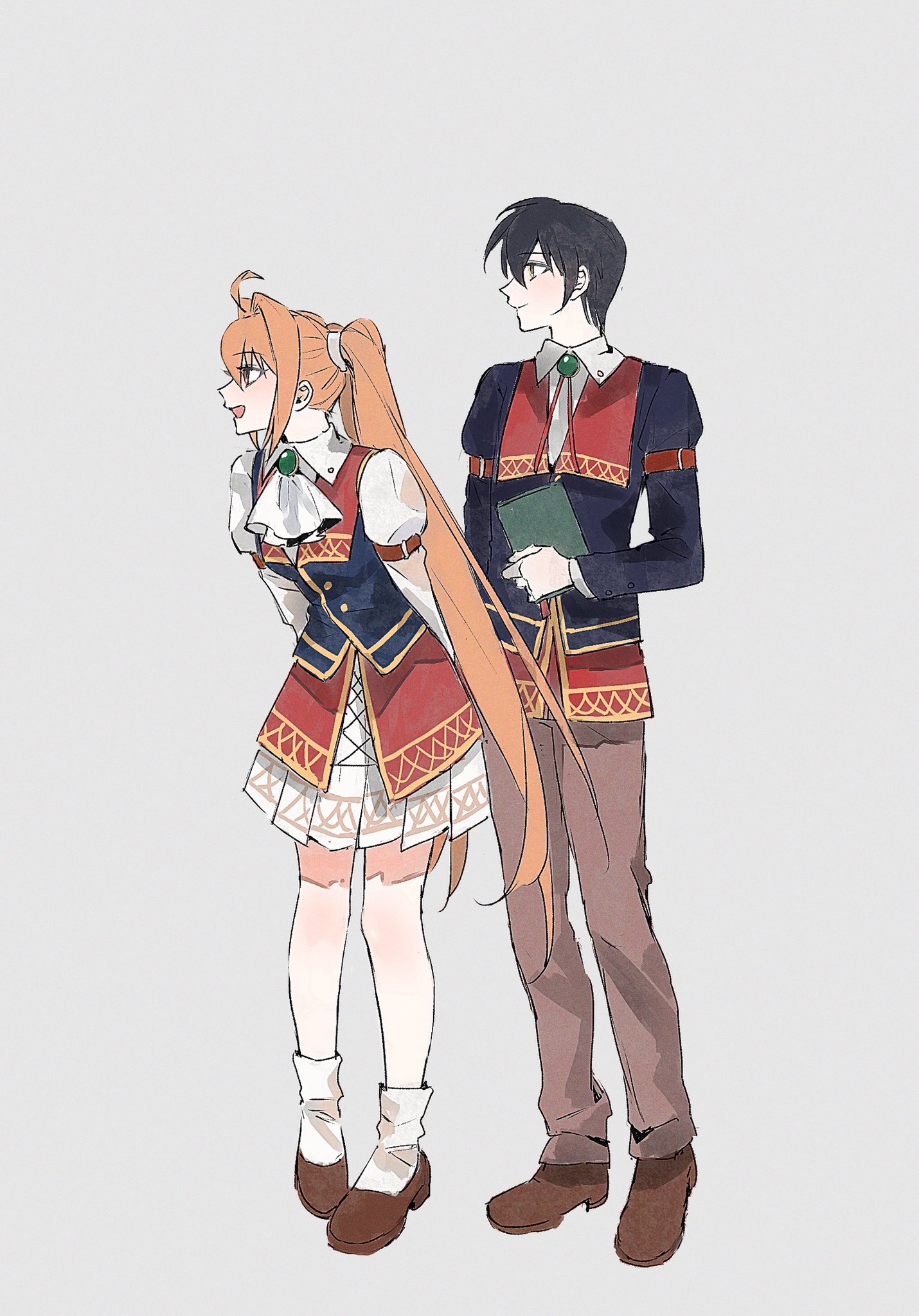 estelle bright, joshua bright, eiyuu densetsu, sora no kiseki, hashtag-only commentary, highres, 1boy, 1girl, ahoge, antenna hair, arms behind back, ascot, asprosgy, black hair, bolo tie, book, brooch, brown pants, closed mouth, full body, grey background, hair intakes, holding, holding book, jacket, jewelry, loafers, long hair, long sleeves, open mouth, pants, puffy long sleeves, puffy sleeves, purple eyes, red eyes, school uniform, shoes, simple background, skirt, smile, socks, twintails, very long hair, white ascot, white socks