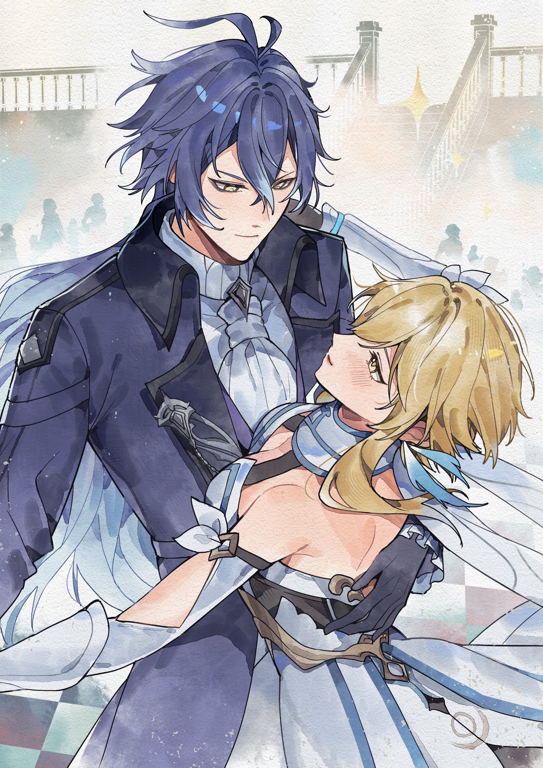 quinny il, flins (genshin impact), lumine (genshin impact), genshin impact, absurdres, commentary, english commentary, highres, 1boy, 1girl, black coat, black gloves, black hair, black jacket, blonde hair, breasts, closed mouth, coat, dress, flower, gloves, hair between eyes, hair flower, hair ornament, jacket, long hair, long sleeves, open clothes, open jacket, white dress, yellow eyes