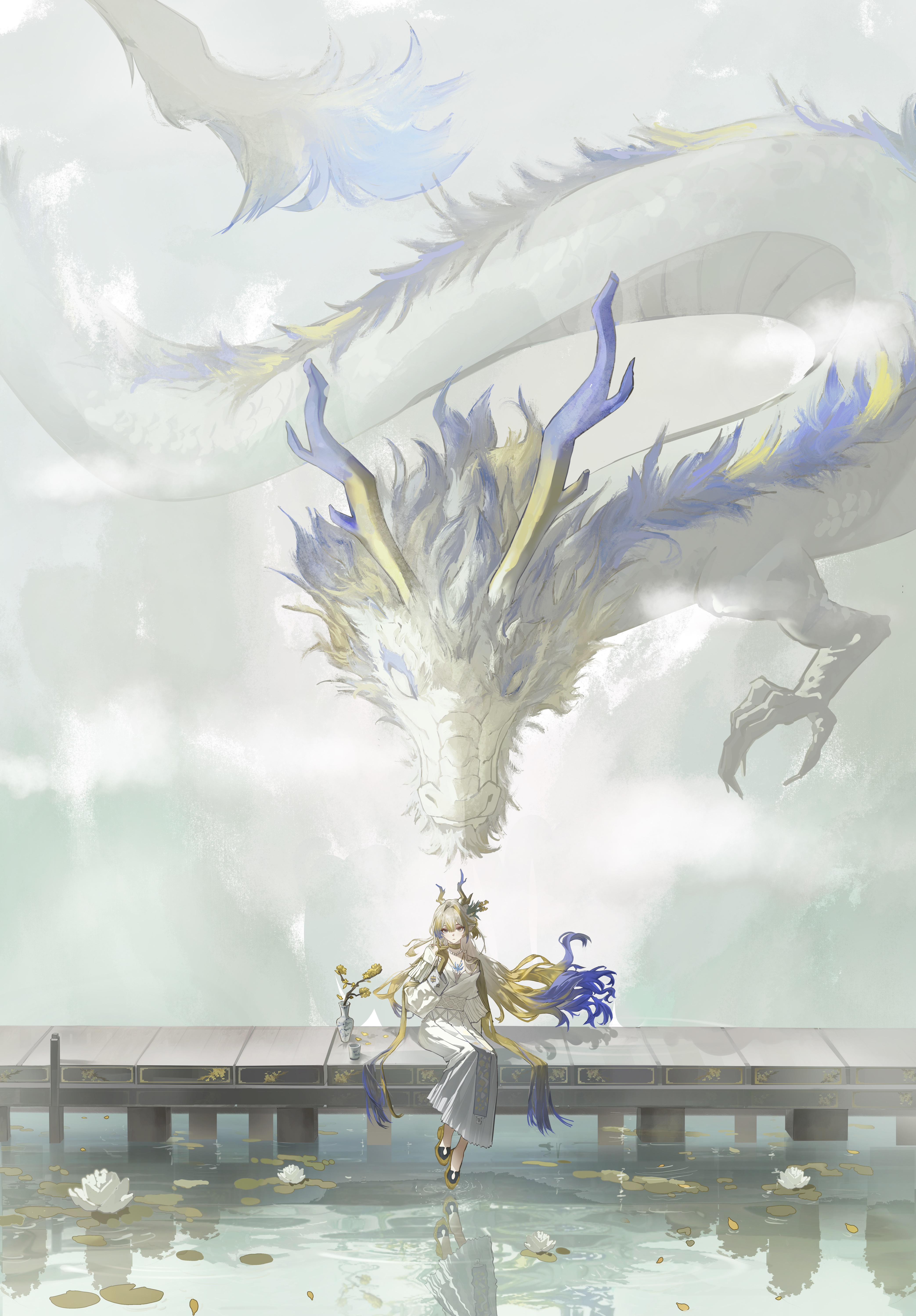 shu (arknights), shu (bingwenyuyou) (arknights), ambience synesthesia, arknights, absurdres, chinese commentary, commentary request, highres, 1girl, blonde hair, blue hair, choker, colored extremities, dragon, dragon girl, dragon horns, eastern dragon, eastern dragon horns, floating hair, flower, gradient hair, hair flowing over, hair intakes, horns, jewelry, lake, long hair, looking at viewer, multicolored hair, necklace, official alternate costume, outdoors, pearl necklace, pointy ears, reflection, reflective liquid, sitting, solo, vase, very long hair, water, white flower, white hair, xihucuyuyu, yellow choker, yellow hands