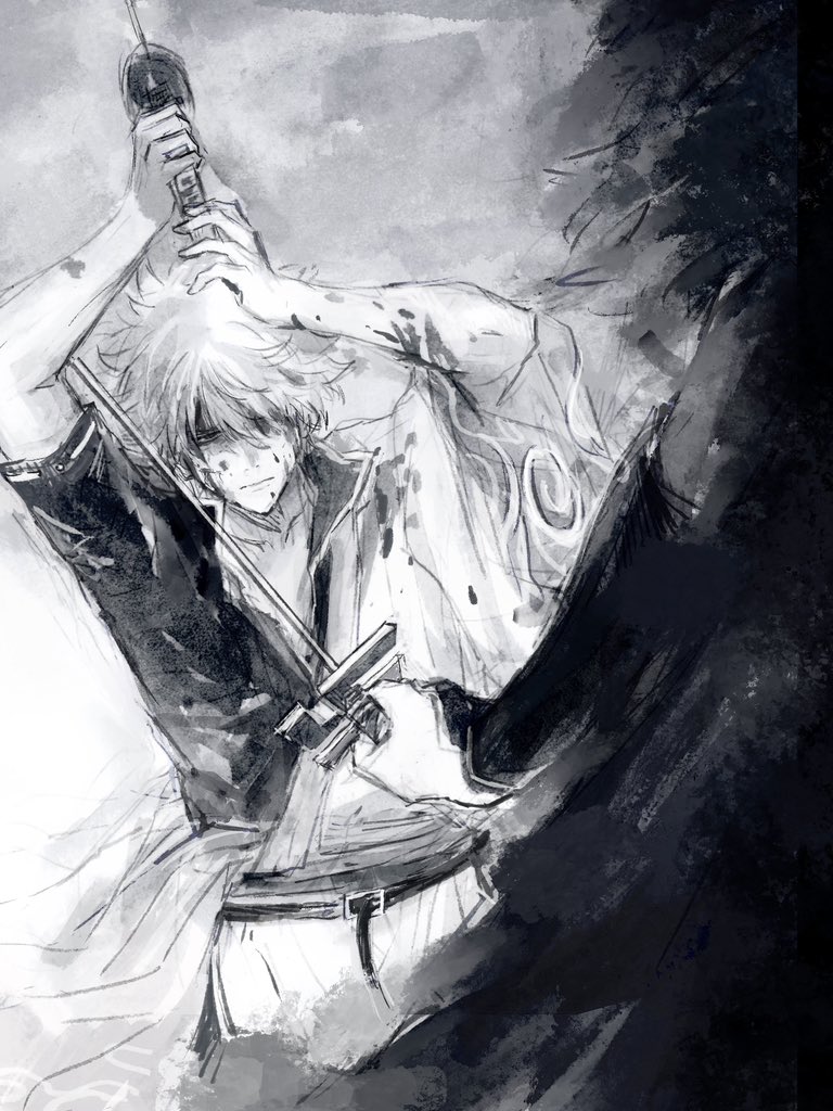 lushu kuye, sakata gintoki, utsuro, gintama, 2boys, arms up, bleeding, blood, blood on clothes, blood on face, closed mouth, greyscale, hadanugi dousa, hair over one eye, holding, holding sword, holding weapon, japanese clothes, katana, kimono, long sleeves, male focus, messy hair, monochrome, multiple boys, open clothes, open kimono, popped collar, shirt, short sleeves, solo focus, swastika, sword, two-handed, weapon, wide sleeves