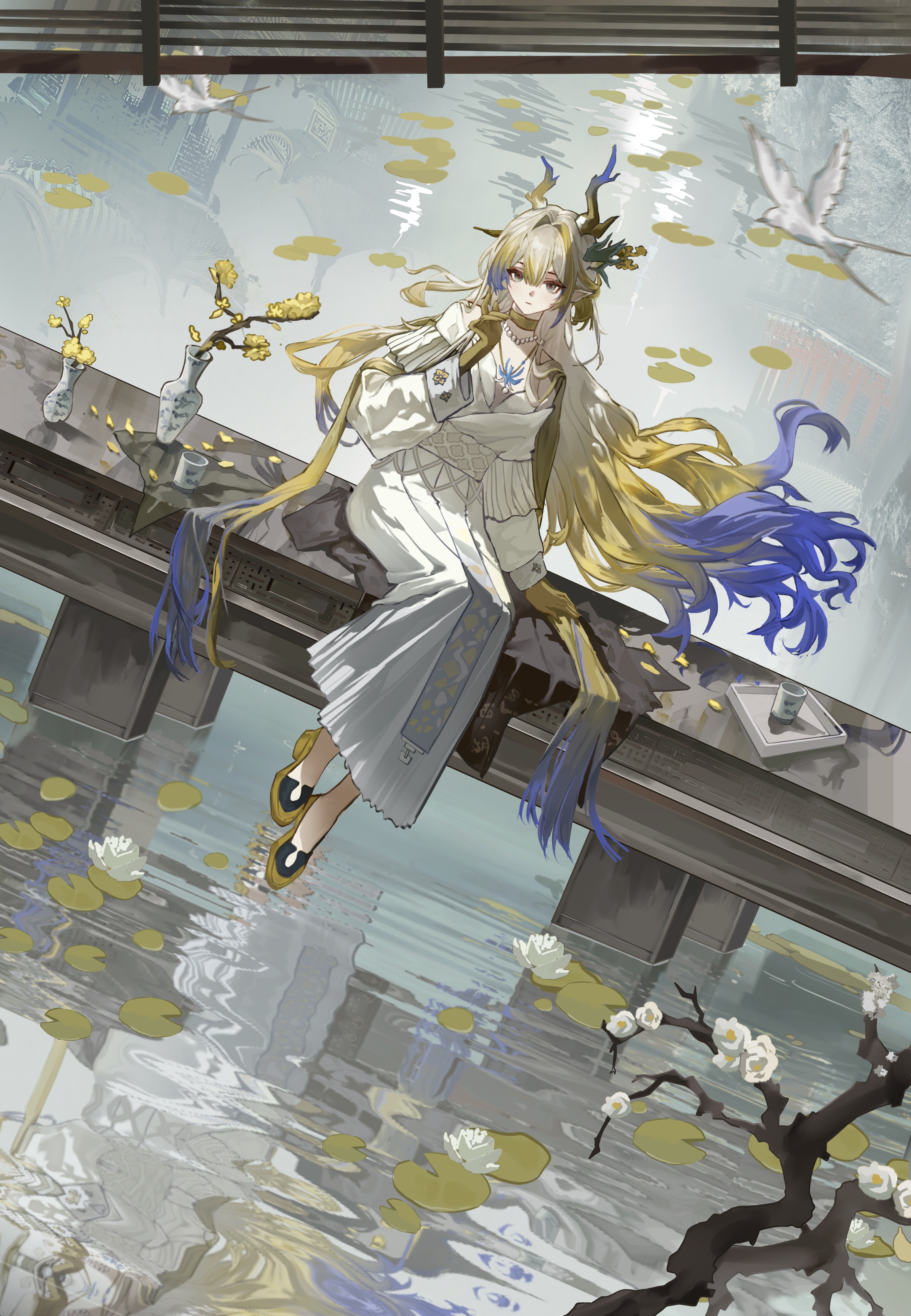 shu (arknights), shu (bingwenyuyou) (arknights), ambience synesthesia, arknights, absurdres, bad perspective, chinese commentary, commentary request, highres, redrawn, 1girl, bird, blonde hair, blue hair, choker, colored extremities, dragon girl, dragon horns, dutch angle, eastern dragon horns, floating hair, flower, gradient hair, hair flowing over, hair intakes, horns, jewelry, lake, long hair, looking at viewer, multicolored hair, necklace, official alternate costume, outdoors, pearl necklace, pointy ears, reflection, reflective liquid, sitting, solo, vase, very long hair, water, white bird, white flower, white hair, xihucuyuyu, yellow choker, yellow hands