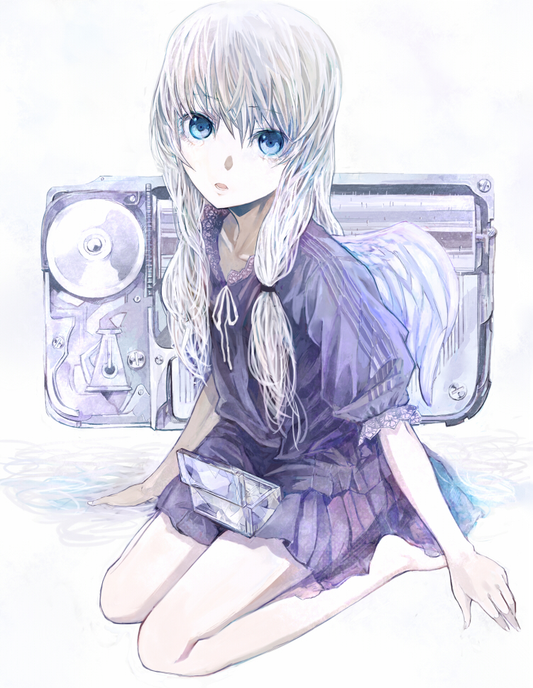 shrimpman, original, 1girl, blue eyes, female focus, long hair, solo, wings