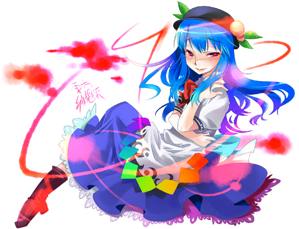 yazumi (yazzz), yzy, hinanawi tenshi, touhou, 1girl, blue hair, blush, boots, female focus, food, fruit, hat, long hair, peach, red eyes, solo