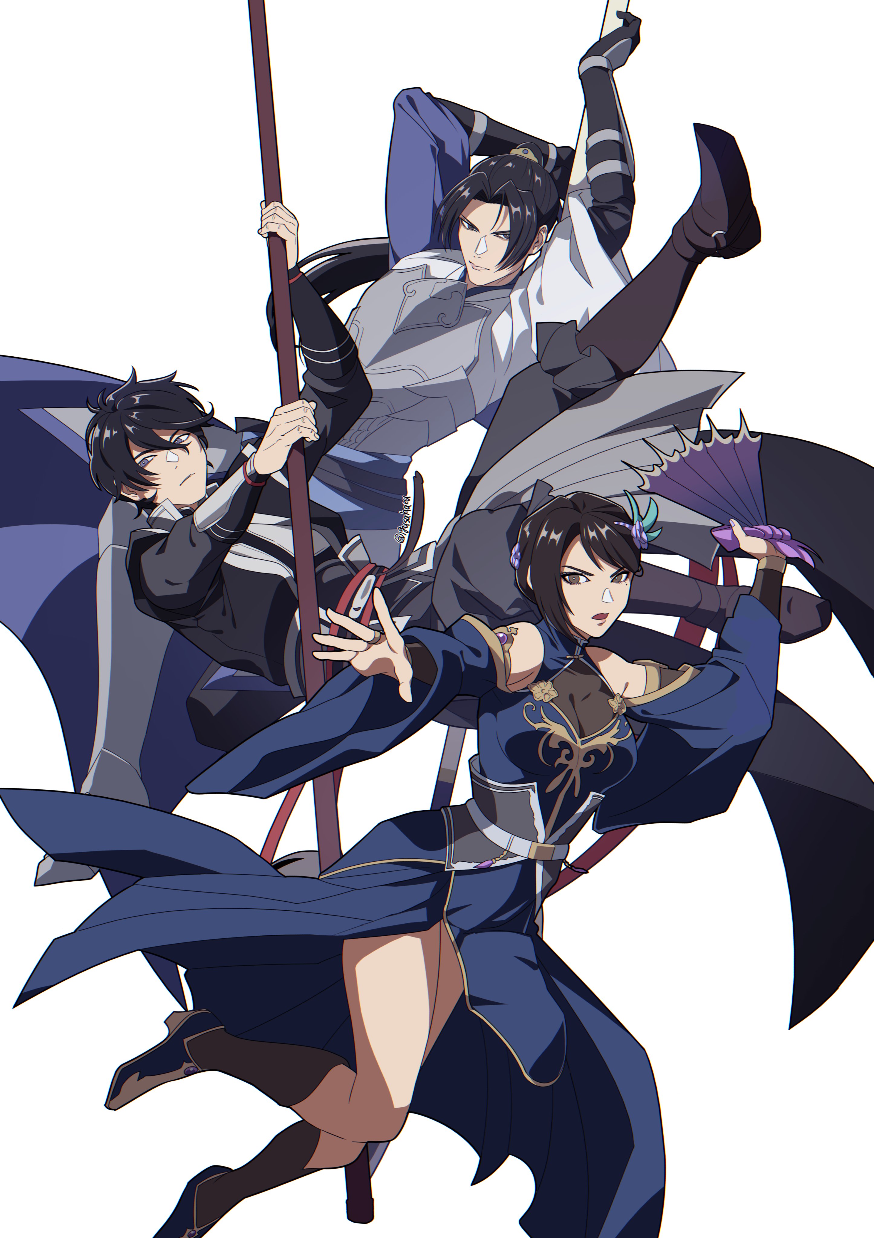 igusaharu, zhang he (shin sangoku musou), zhenji (shin sangoku musou), ziluan (shin sangoku musou), shin sangoku musou, shin sangoku musou origins, absurdres, highres, 1girl, 2boys, bare shoulders, breasts, bridal gauntlets, brown eyes, closed mouth, detached sleeves, fighting stance, grey eyes, hair between eyes, halterneck, long hair, medium breasts, multiple boys, parted lips, ponytail, short hair, showgirl skirt