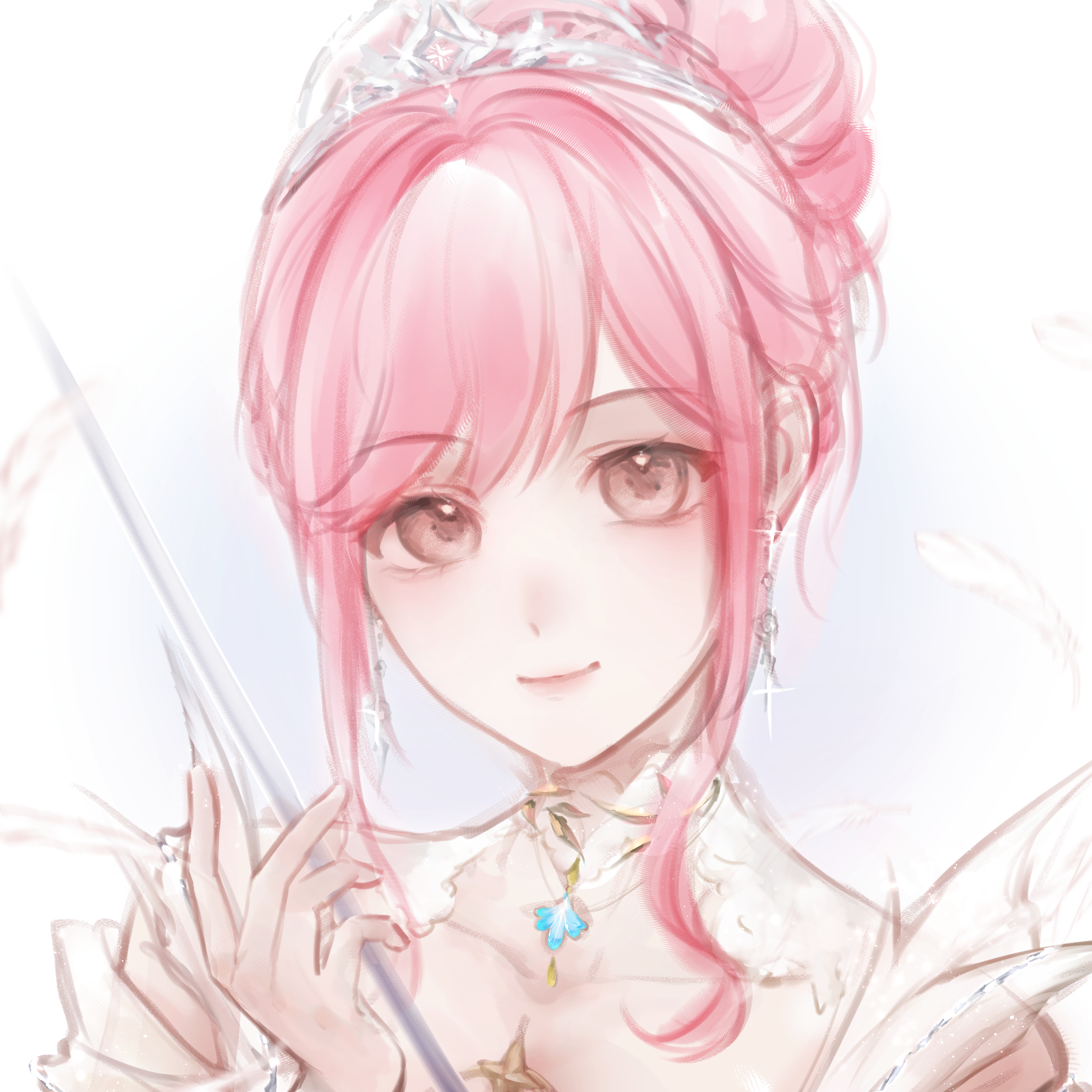 nikki (nikki), infinity nikki, nikki (series), absurdres, chinese commentary, commentary request, highres, 1girl, blue background, brown eyes, closed mouth, clothing cutout, collar, collarbone, detached collar, dot nose, dress, earrings, eyelashes, feather earrings, feathers, glint, hair bun, hair intakes, happy, holding, holding sword, holding weapon, jewelry, lace collar, light blush, lips, melody bloom (infinity nikki), pink hair, pink lips, short hair with long locks, shoulder cutout, sidelocks, single hair bun, smile, solo, swept bangs, sword, tiara, tongli59580, two-tone background, updo, upper body, wavy hair, weapon, white background, white collar, white dress