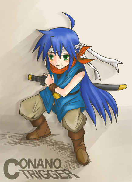 crono (chrono trigger), izumi konata, chrono (series), chrono trigger, lucky star, 00s, 1990s (style), 1girl, bandana, blue hair, cosplay, crono (cosplay), female focus, green eyes, mole, mole under eye, retro artstyle, solo, sword, weapon