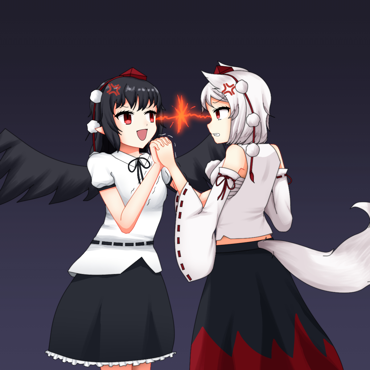 jnae3242, inubashiri momiji, shameimaru aya, touhou, commentary request, highres, 2girls, anger vein, animal ears, belt, bird girl, bird wings, black background, black belt, black hair, black ribbon, black skirt, black trim, blush, clenched teeth, cowboy shot, detached sleeves, eye beam, frilled skirt, frills, from side, hat, holding hands, interlocked fingers, long skirt, long sleeves, medium hair, motion lines, multiple girls, neck ribbon, open mouth, pointy ears, pom pom (clothes), puffy short sleeves, puffy sleeves, red eyes, red hat, red ribbon, ribbon, ribbon-trimmed sleeves, ribbon trim, shirt, short hair, short sleeves, simple background, skirt, smile, tail, teeth, tokin hat, v-shaped eyebrows, white hair, white shirt, wide sleeves, wings, wolf ears, wolf girl, wolf tail