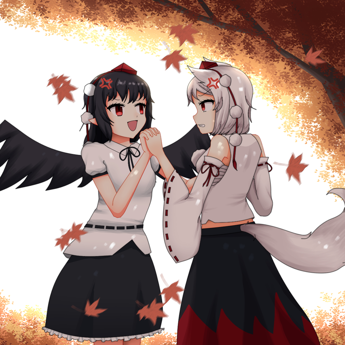 jnae3242, inubashiri momiji, shameimaru aya, touhou, commentary request, highres, 2girls, ^ ^, anger vein, animal ears, belt, bird girl, bird wings, black belt, black hair, black ribbon, black skirt, black trim, blush, clenched teeth, closed eyes, cowboy shot, dappled sunlight, detached sleeves, falling leaves, frilled skirt, frills, from side, hat, holding hands, interlocked fingers, leaf, long skirt, long sleeves, maple leaf, maple tree, medium hair, motion lines, multiple girls, neck ribbon, open mouth, outdoors, pointy ears, pom pom (clothes), puffy short sleeves, puffy sleeves, red eyes, red hat, red ribbon, ribbon, ribbon-trimmed sleeves, ribbon trim, shirt, short hair, short sleeves, skirt, smile, sunlight, tail, teeth, tokin hat, tree, v-shaped eyebrows, white background, white hair, white shirt, wide sleeves, wings, wolf ears, wolf girl, wolf tail