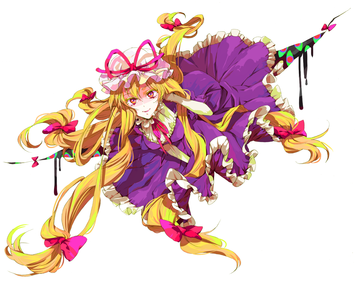 hinabu, yakumo yukari, touhou, 1girl, blonde hair, breasts, elbow gloves, female focus, gap (touhou), gloves, hat, long hair, purple eyes, rem mido, simple background, solo, white background