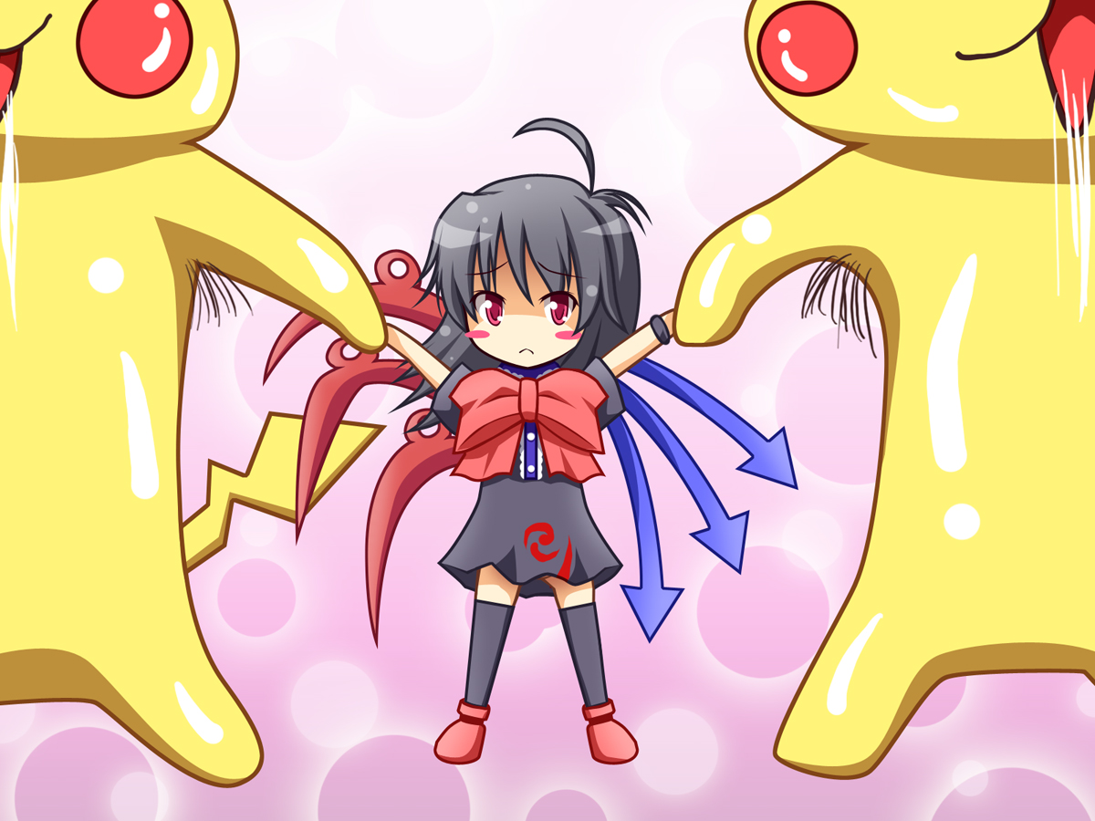 akashio (loli ace), houjuu nue, pikachu, nintendo, pokemon, touhou, bad id, bad pixiv id, 1girl, ahoge, armpit hair, black hair, costume, female focus, gen 1 pokemon, pokemon (creature), red eyes, short hair, solo focus, thighhighs, wings, zettai ryouiki