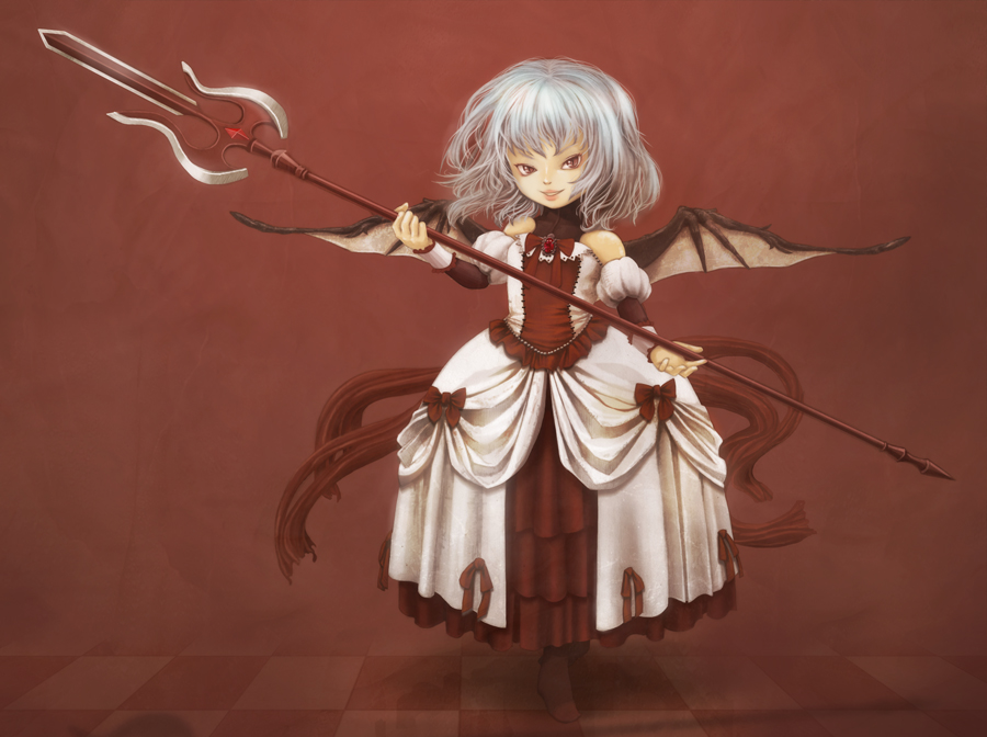 ishiatama, remilia scarlet, touhou, 1girl, bat wings, blue hair, female focus, full body, lips, polearm, red eyes, short hair, solo, spear, spear the gungnir, standing, weapon, wings