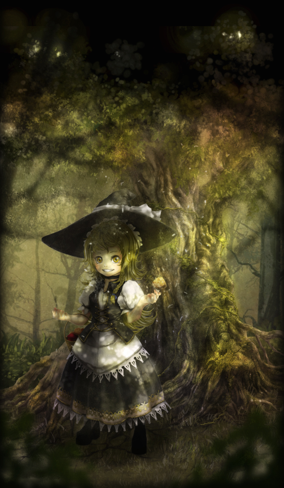 ishiatama, kirisame marisa, touhou, 1girl, blonde hair, braid, female focus, forest, hat, long hair, nature, outdoors, plant, skirt, solo, witch, witch hat, yellow eyes