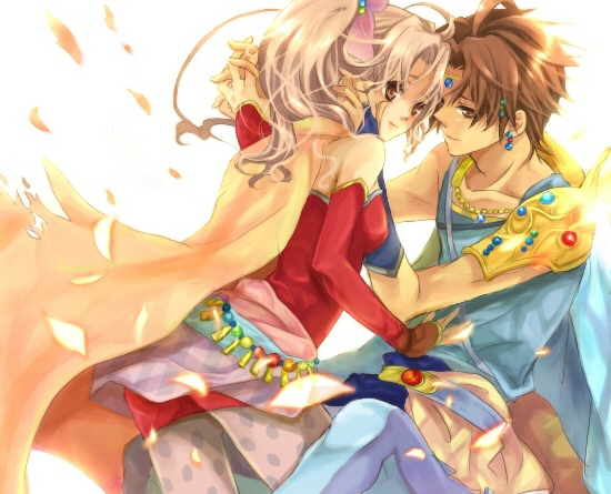 uni (gumin), bartz klauser, tina branford, dissidia final fantasy, final fantasy, final fantasy v, final fantasy vi, bad id, bad pixiv id, 1990s (style), 1boy, 1girl, amano yoshitaka design, bare shoulders, blonde hair, brown eyes, brown hair, cape, couple, detached sleeves, hetero, jewelry, pantyhose, retro artstyle, ribbon