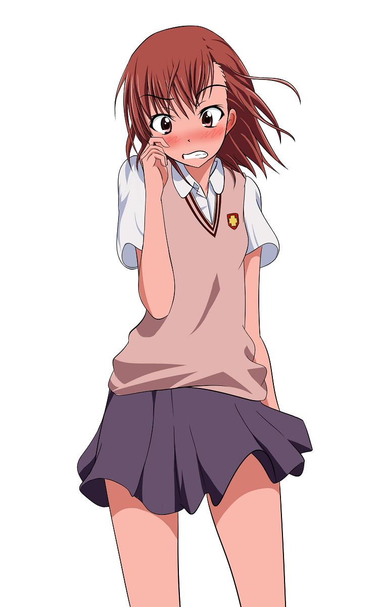 gurio, gurio (pixiv14624), misaka mikoto, toaru majutsu no index, highres, 00s, blush, brown eyes, brown hair, school uniform, short hair, solo