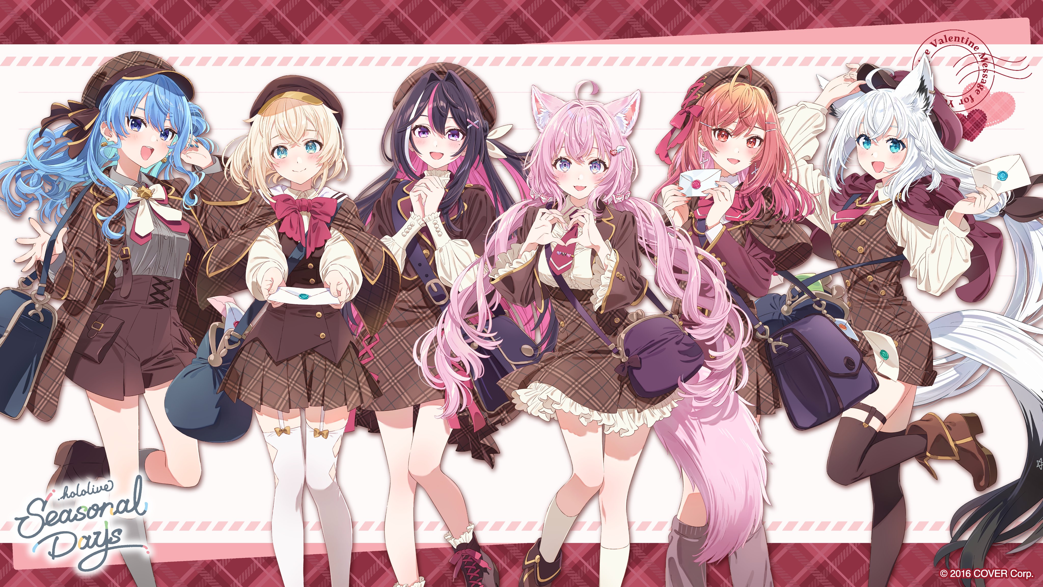 tokira nozumi, azki (hololive), hakui koyori, hoshimachi suisei, ichijou ririka, kazama iroha, shirakami fubuki, hololive, hololive dev is, absurdres, commentary request, highres, official art, second-party source, 6+girls, :d, ahoge, aiguillette, alternate costume, animal ear fluff, animal ears, asymmetrical sidelocks, bag, beret, black hair, blonde hair, blue eyes, blue hair, boots, bow, bowtie, braid, brown boots, brown capelet, brown dress, brown hat, brown jacket, brown skirt, brown vest, buttons, capelet, closed mouth, collared shirt, colored inner hair, copyright notice, cropped jacket, crossed bangs, double-breasted, double-parted bangs, dress, envelope, fold-over boots, four-finger heart hands, fox ears, fox girl, fox tail, frilled sleeves, frills, garter straps, gradient hair, green eyes, grey shirt, grey socks, hair between eyes, hair intakes, hair ribbon, hat, heart, heart hands, high-waist skirt, holding, holding envelope, jacket, lace-up boots, lapels, leg warmers, legwear garter, long hair, looking at viewer, low ponytail, low twintails, miniskirt, mole, mole under eye, multicolored hair, multiple girls, necktie, notched lapels, one side up, open clothes, open jacket, open mouth, orange hair, pentagram, pinafore dress, pink hair, pleated skirt, ponytail, purple eyes, red necktie, ribbon, shirt, short necktie, shorts, shoulder bag, side braid, sidelocks, skirt, sleeveless, sleeveless dress, smile, socks, star (symbol), star in eye, streaked hair, suspender shorts, suspenders, symbol in eye, tail, thighhighs, twintails, very long hair, vest, virtual youtuber, white bow, white bowtie, white hair, white shirt, white socks, white thighhighs, wolf ears, wolf girl, wolf tail