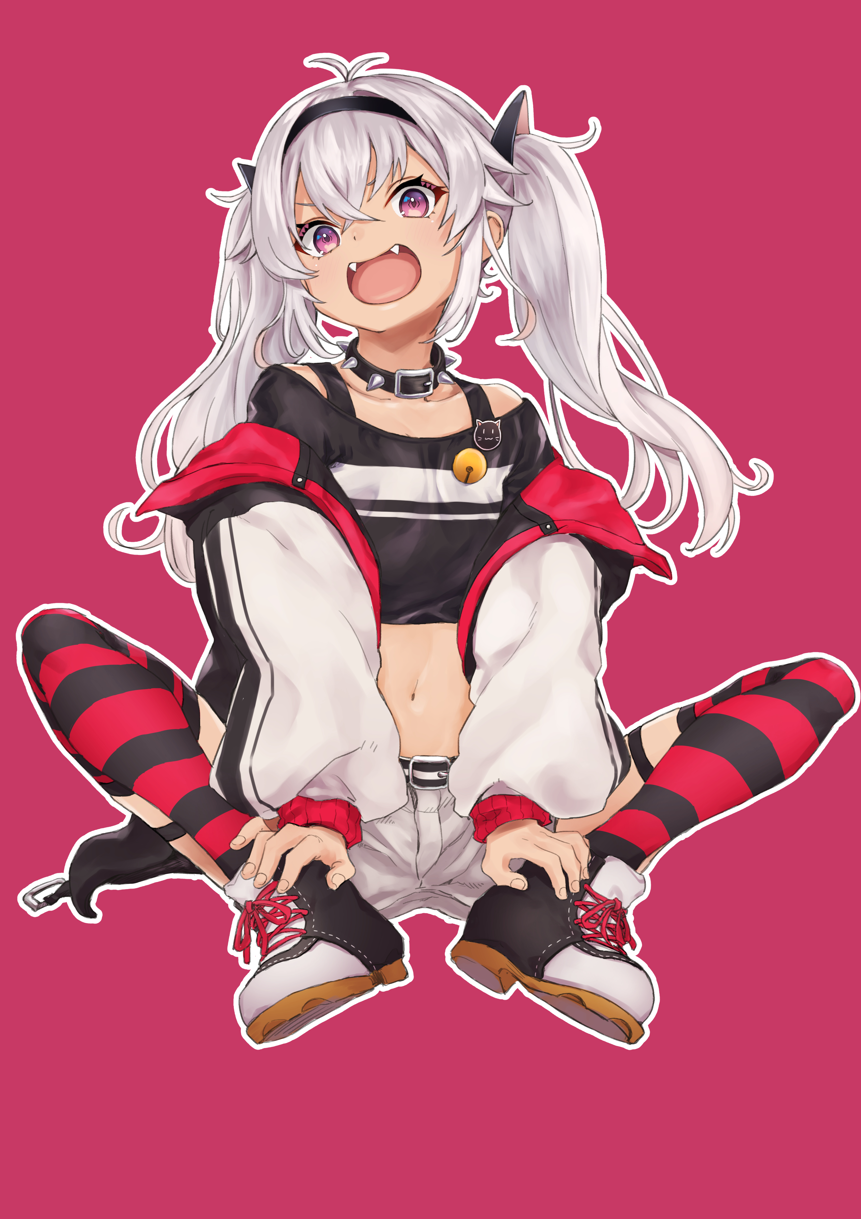 g9 (jiiku), matsukai mao, matsukai mao (1st costume), nijisanji, absurdres, commentary request, highres, 1girl, black collar, black headband, black jacket, black shirt, black shoes, black thighhighs, collar, dark-skinned female, dark skin, fangs, grey hair, headband, jacket, looking at viewer, multicolored jacket, open mouth, outline, pink background, red eyes, red thighhighs, shirt, shoes, shorts, smile, solo, spiked collar, spikes, striped clothes, striped thighhighs, thighhighs, two-tone jacket, virtual youtuber, white jacket, white outline, white shorts