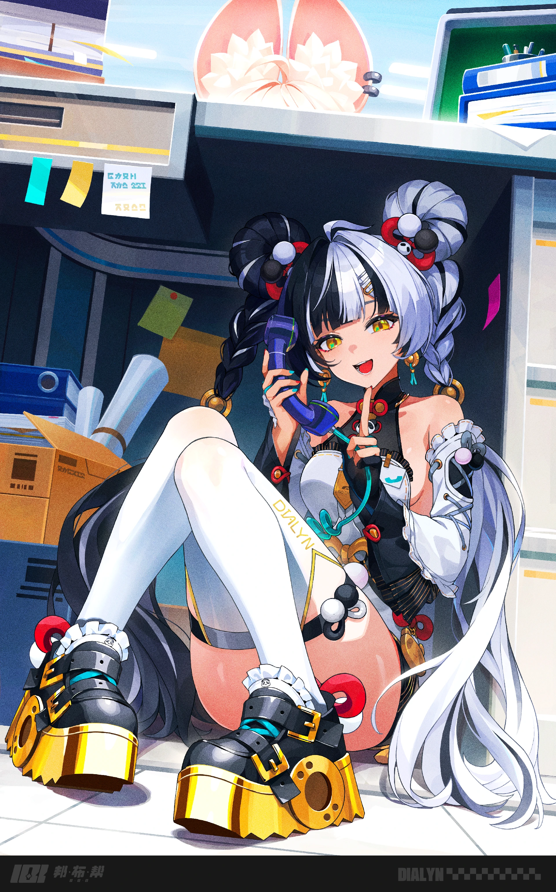 dialyn (zenless zone zero), zhao (zenless zone zero), zenless zone zero, absurdres, artist request, commentary request, highres, second-party source, 2girls, animal ears, aqua nails, black gloves, black hair, black shoes, braid, breasts, china dress, chinese clothes, detached sleeves, double bun, dress, earrings, gloves, hair bun, holding, holding phone, index finger raised, indoors, jewelry, knees up, long hair, long sleeves, multicolored hair, multicolored nails, multiple girls, open mouth, partially fingerless gloves, phone, rabbit ears, rabbit girl, red nails, shoes, single glove, sitting, smile, solo focus, split-color hair, teeth, thighhighs, two-tone hair, very long hair, white dress, white hair, white thighhighs, yellow eyes