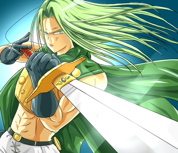 saderu, frog (chrono trigger), glenn, chrono (series), chrono trigger, spoilers, 1990s (style), 1boy, abs, blue background, cape, gloves, green hair, long hair, male focus, retro artstyle, solo, transformation, yellow eyes