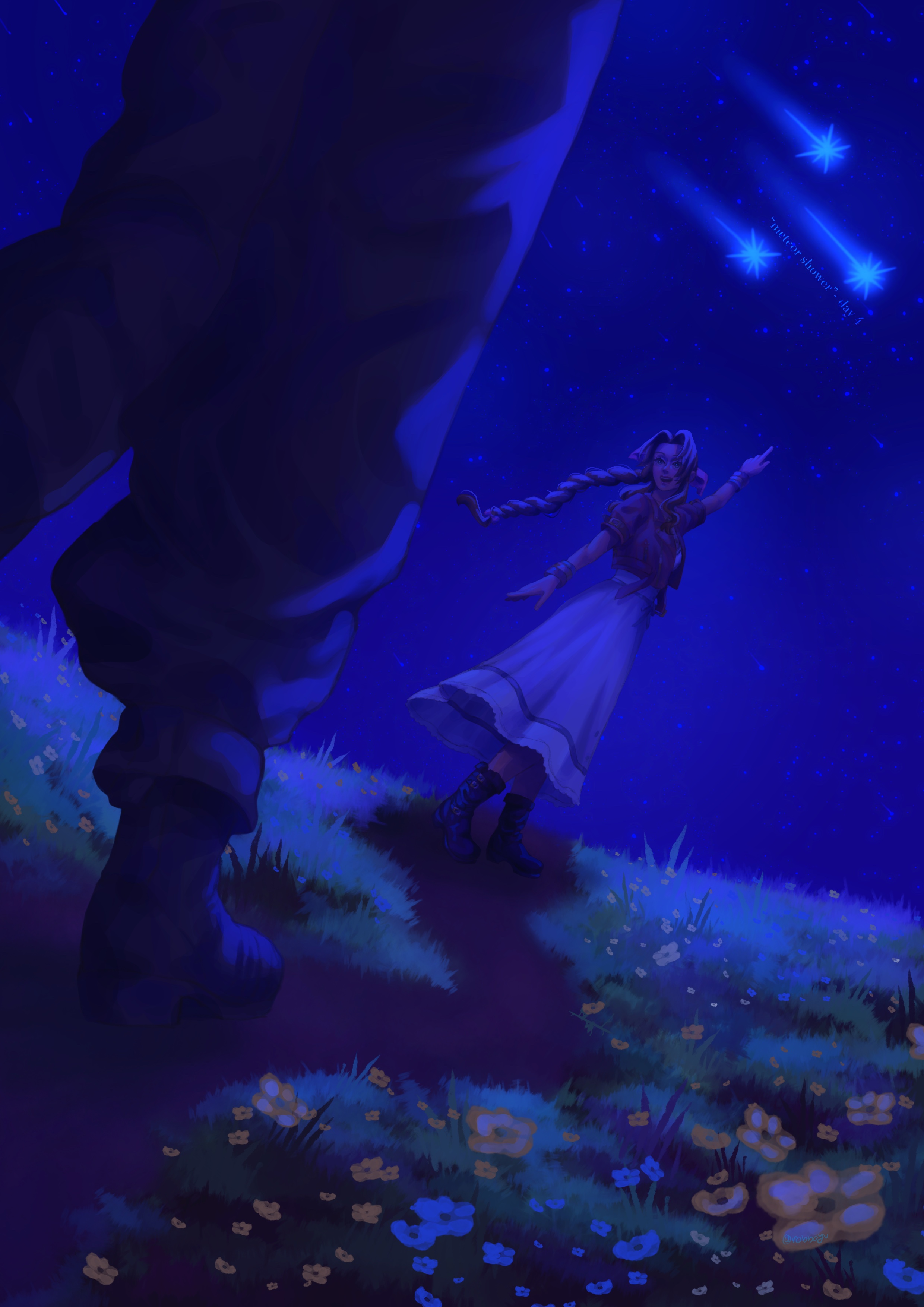 robboyu, aerith gainsborough, cloud strife, final fantasy, final fantasy vii, final fantasy vii rebirth, final fantasy vii remake, absurdres, commentary, english commentary, highres, 1boy, 1girl, baggy pants, bangle, black boots, black pants, boots, bracelet, braid, braided ponytail, brown hair, cropped jacket, dress, flower, grass, hair ribbon, jacket, jewelry, long dress, long hair, meteor shower, night, night sky, open mouth, outdoors, pants, parted bangs, pink dress, pointing, red jacket, ribbon, sidelocks, single braid, sky, smile, white flower, yellow flower