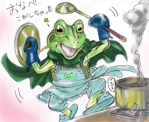 frog (chrono trigger), chrono (series), chrono trigger, pot, apron, cape, cooking, ladle, no humans, parody, slippers, smoke, solo, star (symbol)