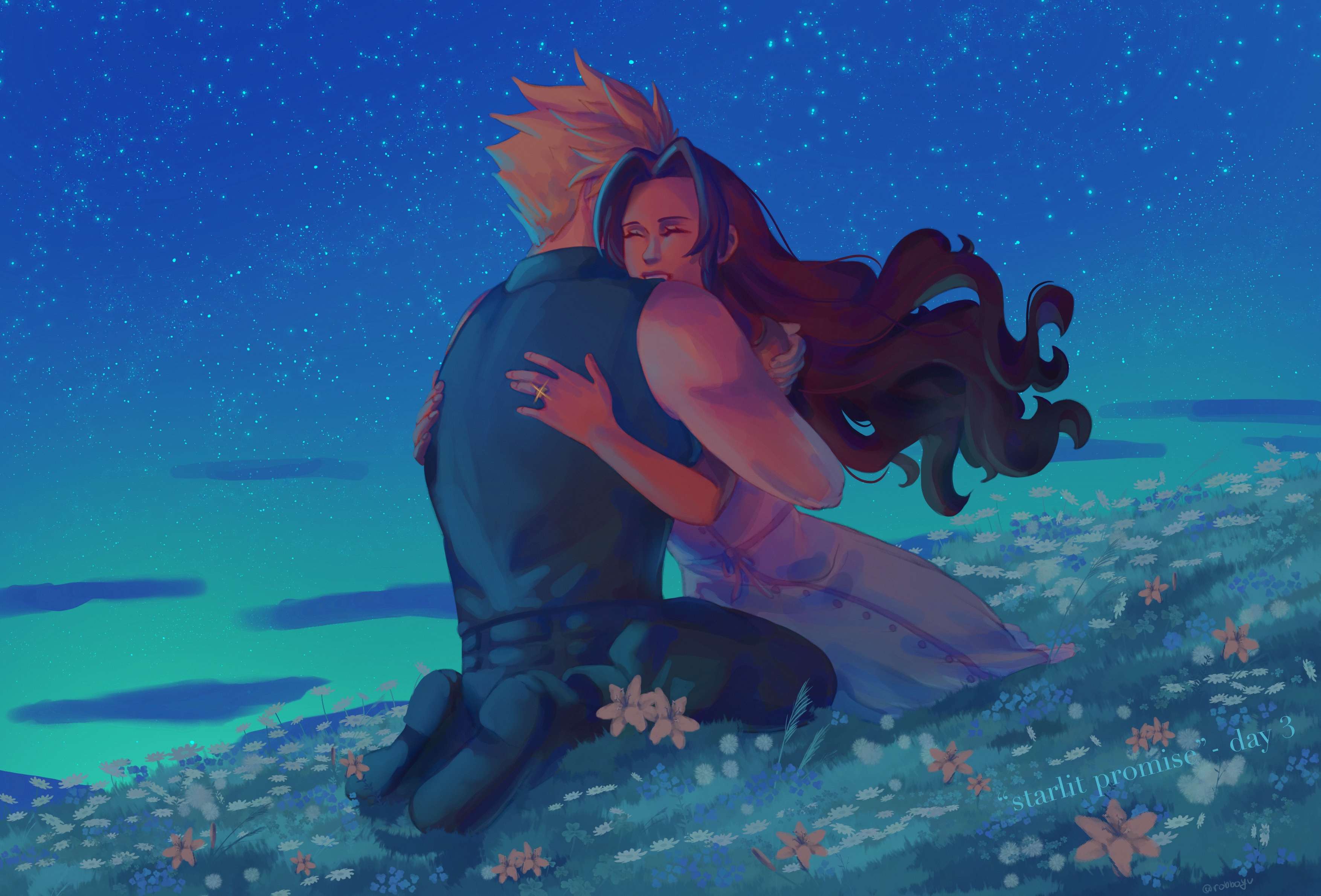 robboyu, aerith gainsborough, cloud strife, final fantasy, final fantasy vii, final fantasy vii rebirth, final fantasy vii remake, absurdres, commentary, english commentary, highres, 1boy, 1girl, bare shoulders, belt, black boots, black pants, blonde hair, blue shirt, boots, brown hair, buttons, closed eyes, couple, dress, english text, field, flower, flower field, hetero, hug, jewelry, kneeling, long dress, long hair, meadow, multiple belts, night, night sky, open mouth, outdoors, pants, parted bangs, pink dress, ring, shirt, short hair, sky, sleeveless, sleeveless turtleneck, smile, sparkle, spiked hair, star (sky), starry sky, turtleneck, wavy hair, white flower, yellow flower