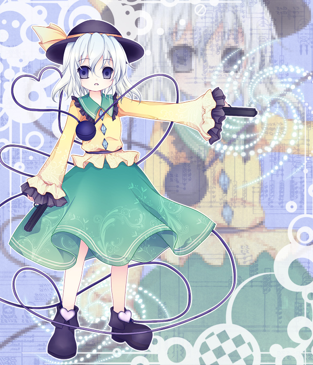 mikazuki sara, komeiji koishi, touhou, silver hair, bad id, bad pixiv id, 1girl, blue eyes, empty eyes, female focus, gun, hat, heart, heart of string, short hair, solo, weapon