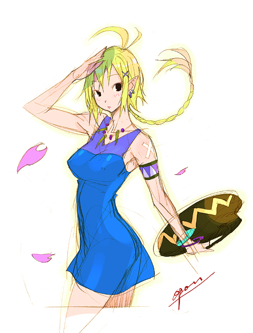 opon, original, archived source, commentary request, korean commentary, object request, 1girl, antenna hair, armband, armpits, artist name, bandaid, bandaid on shoulder, bare shoulders, black eyes, blonde hair, blue armband, blue dress, blush, bracelet, braid, breasts, closed mouth, covered erect nipples, cowboy shot, dress, earrings, holding, jewelry, long hair, low-braided long hair, low-tied long hair, medium breasts, narrow waist, necklace, pink petals, pointy ears, signature, single bare arm, skinny, sleeveless, sleeveless dress, solo, twisted torso