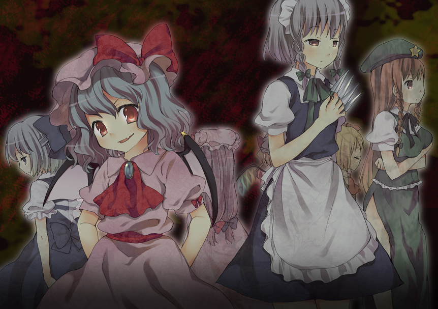 maki (natoriumu), cirno, flandre scarlet, hong meiling, izayoi sakuya, patchouli knowledge, remilia scarlet, rumia, embodiment of scarlet devil, touhou, >:), 6+girls, back-to-back, bat wings, blonde hair, dark, fang, looking at viewer, multiple girls, red eyes, v-shaped eyebrows, wings