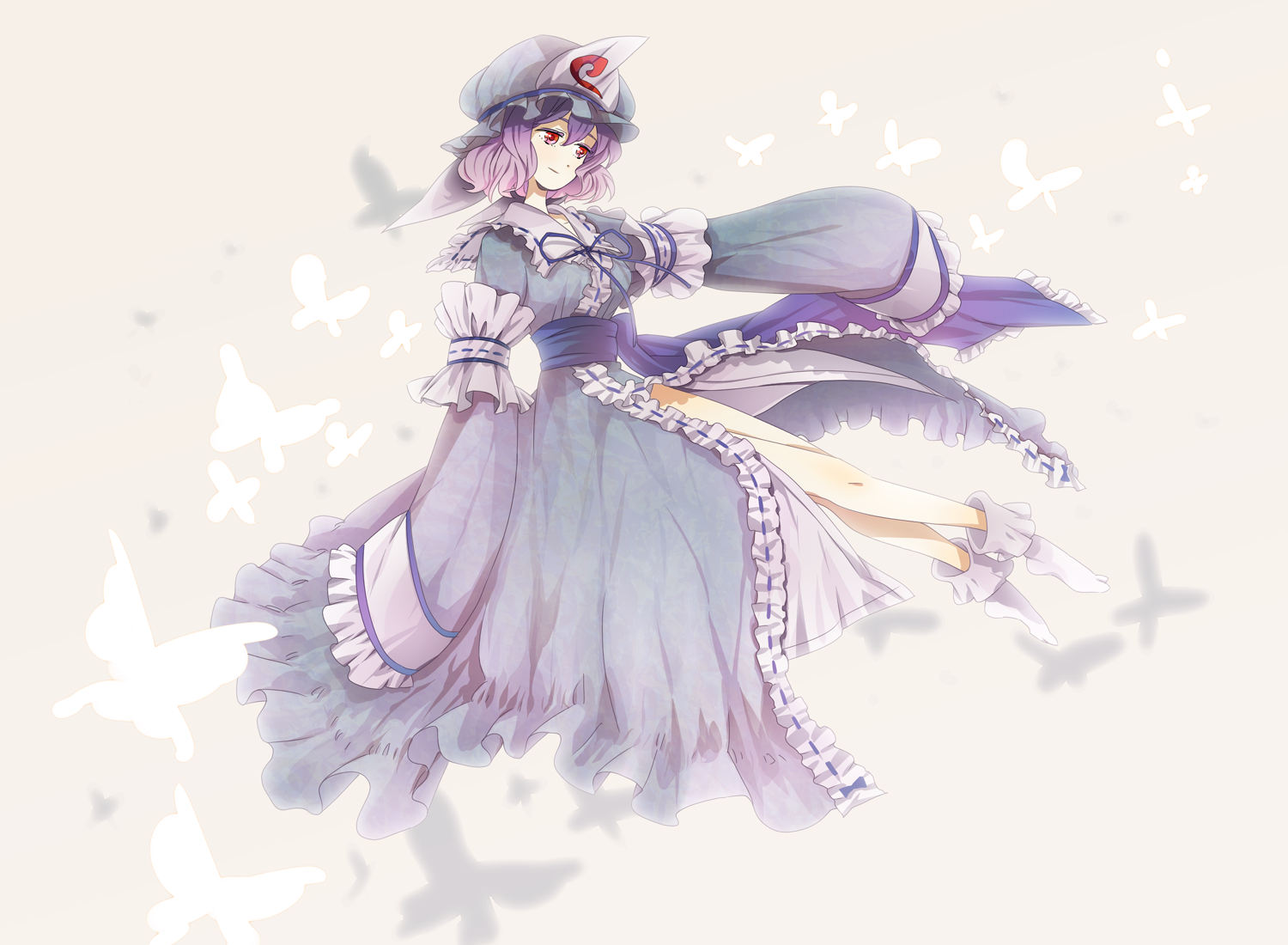 hinabu, saigyouji yuyuko, touhou, 1girl, dress, female focus, hat, pink hair, red eyes, rem mido, short hair, socks, solo