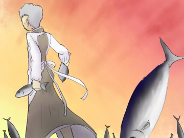 kumasawa chiyo, 07th expansion, fate/stay night, fate (series), no naku koro ni (series), type-moon, umineko no naku koro ni, lowres, apron, fish, mackerel (fish), parody, solo, unlimited blade works (reality marble)