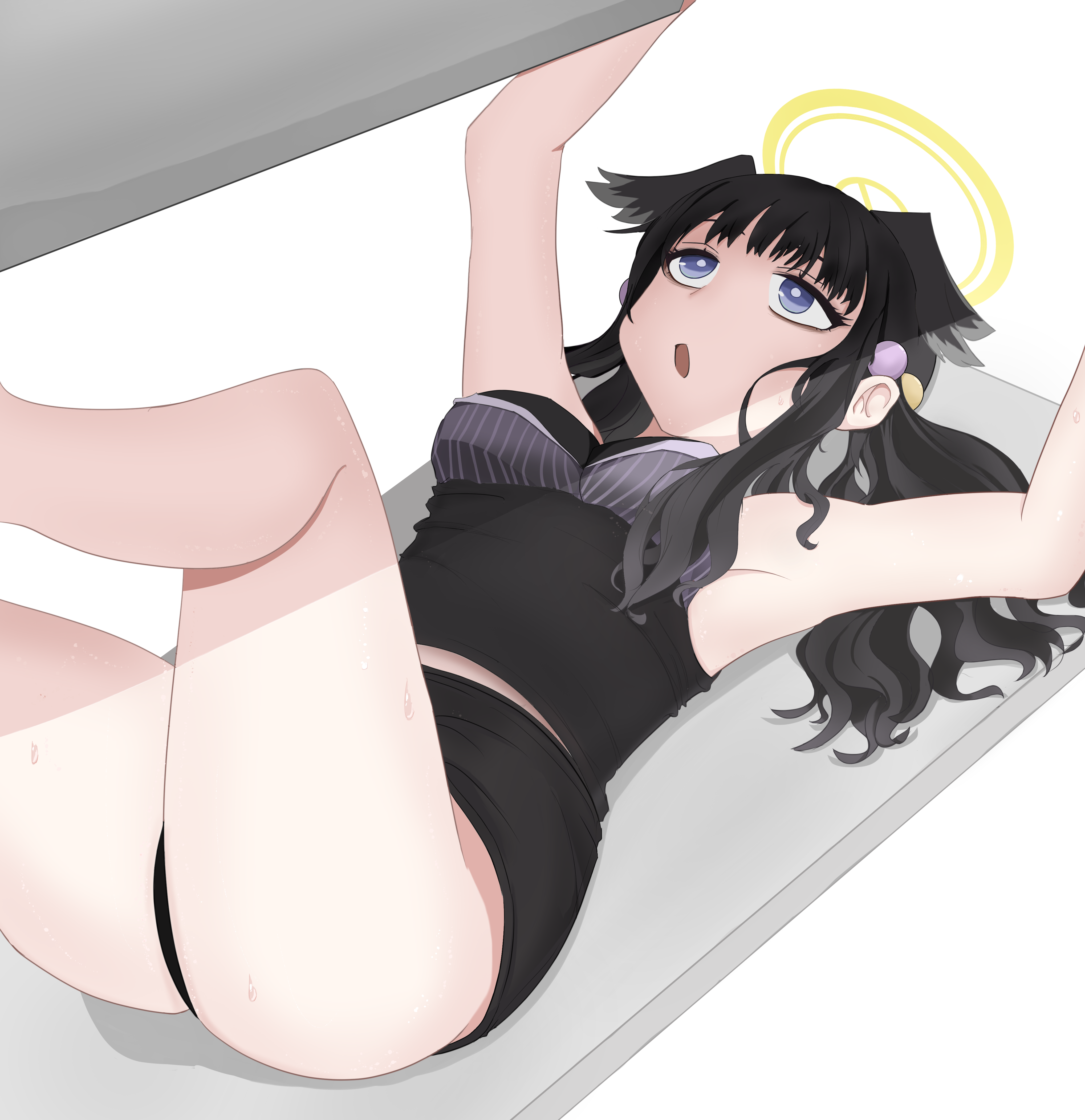 yakuja0909, hibiki (blue archive), blue archive, absurdres, commentary request, highres, korean commentary, 1girl, animal ears, black hair, blue eyes, dog ears, dog girl, engineering department (blue archive), halo, simple background, solo, white background, yellow halo