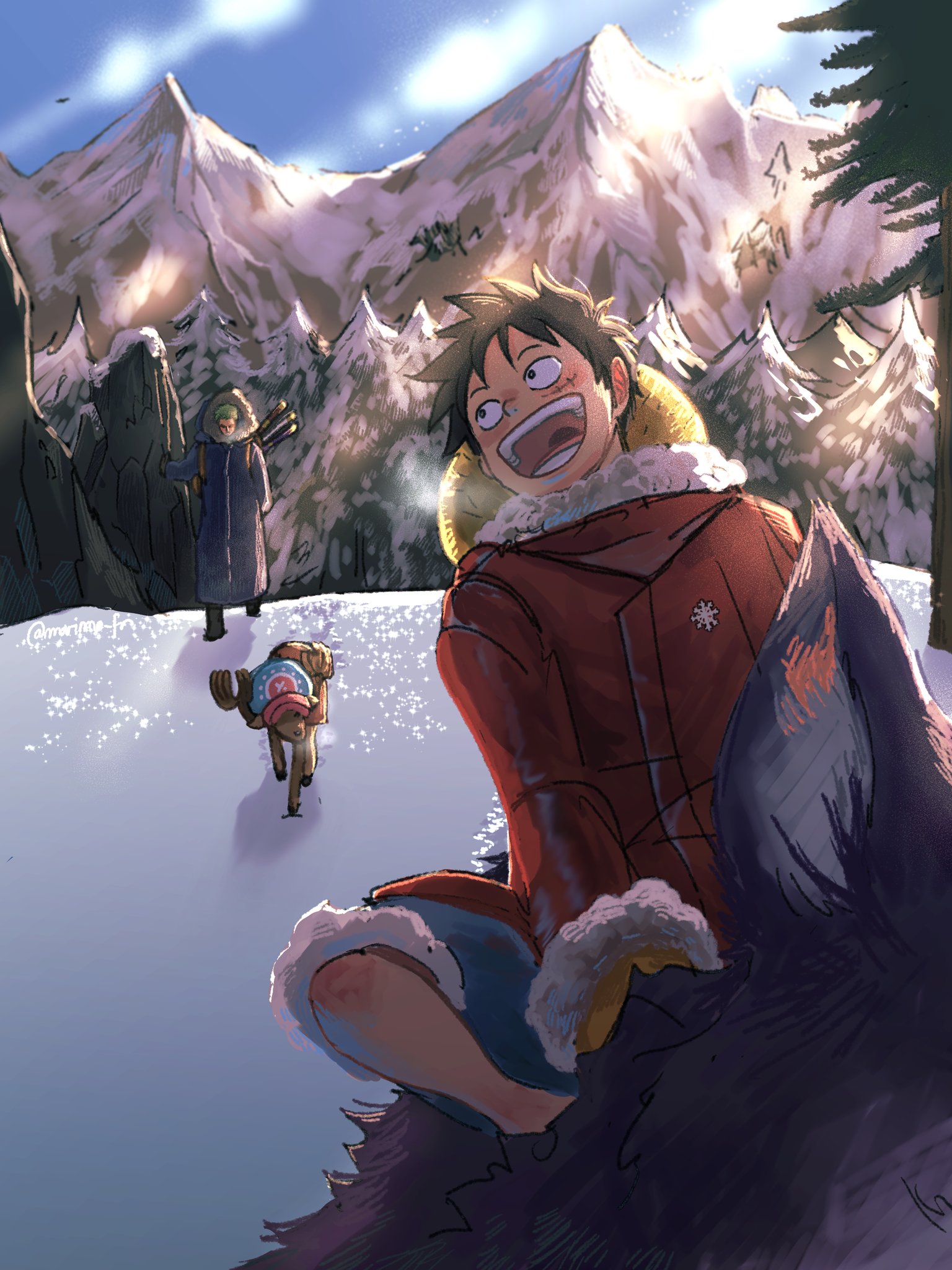 monkey d. luffy, roronoa zoro, tony tony chopper, one piece, commentary, highres, symbol-only commentary, 3boys, antlers, backpack, bag, black hair, blue hat, blue shorts, blue sky, blush, breath, coat, facial scar, fur-trimmed coat, fur-trimmed shorts, fur trim, green hair, hat, horns, horns through headwear, long sleeves, looking back, male focus, marimo fr, mountainous horizon, multiple boys, open mouth, outdoors, pine tree, red coat, reindeer antlers, riding, riding animal, scar, scar on cheek, scar on face, short hair, shorts, sky, snow, straw hat, sword, sword on back, tree, unworn hat, unworn headwear, walking, weapon, weapon on back, wolf