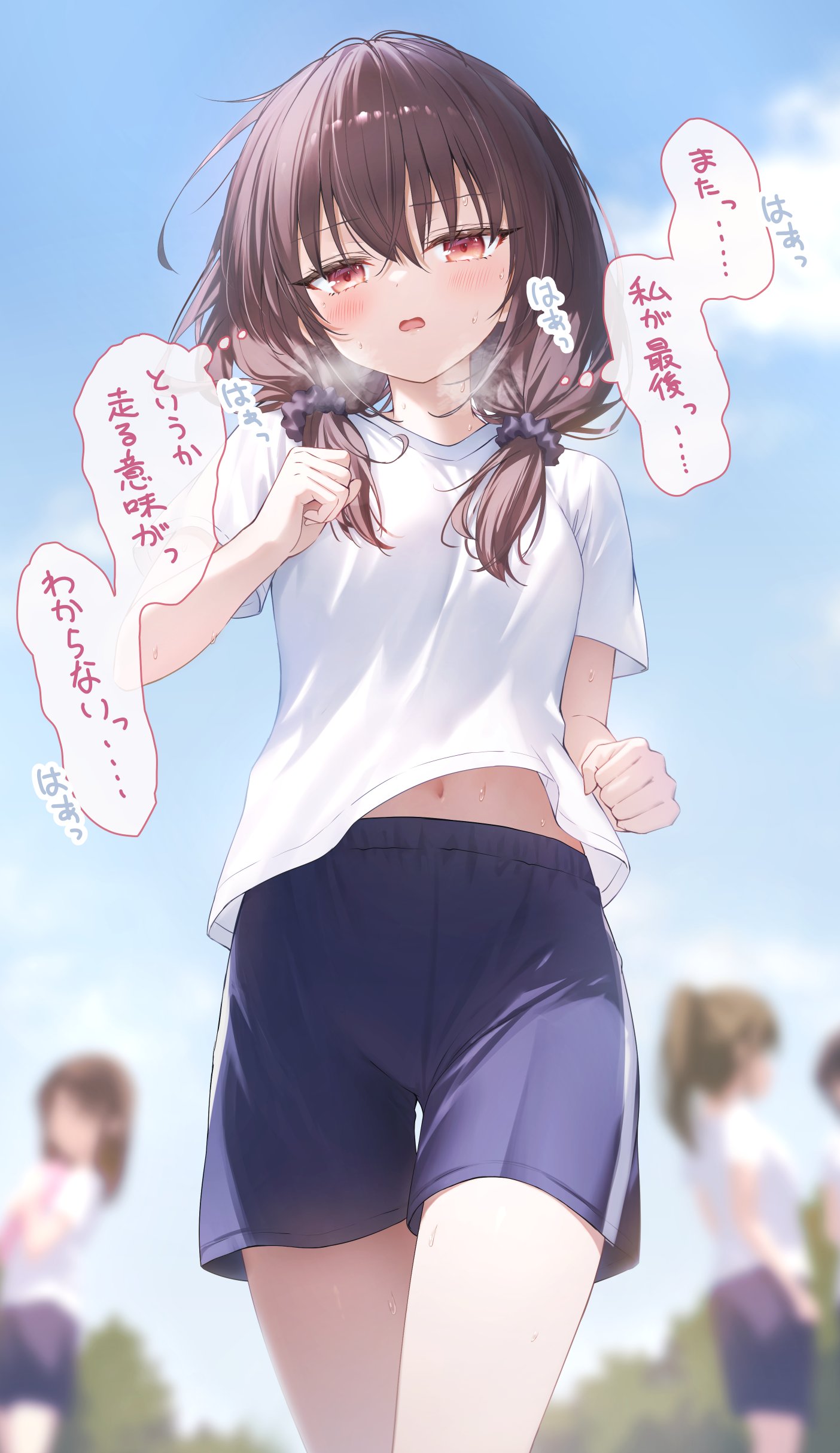 suyamori, original, absurdres, commentary request, highres, 4girls, bare shoulders, blue shorts, blue sky, blurry, blurry background, blush, breasts, brown hair, gym shirt, gym shorts, gym uniform, hair between eyes, hair ornament, hair scrunchie, long hair, multiple girls, navel, open mouth, outdoors, ponytail, red eyes, running, scrunchie, shirt, shorts, sky, solo focus, speech bubble, white shirt